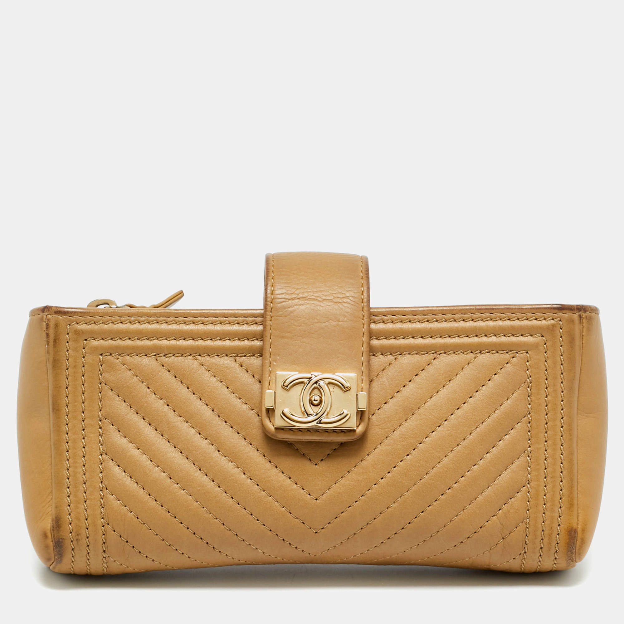 Pre Owned Chanel Beige Chevron Leather Boy Phone Holder Pouch 