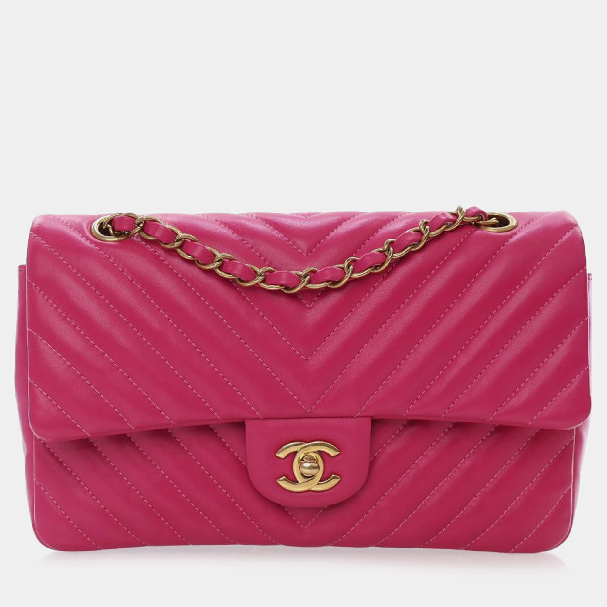 Pre Owned Chanel Pink Medium Classic Chevron Lambskin Double Flap