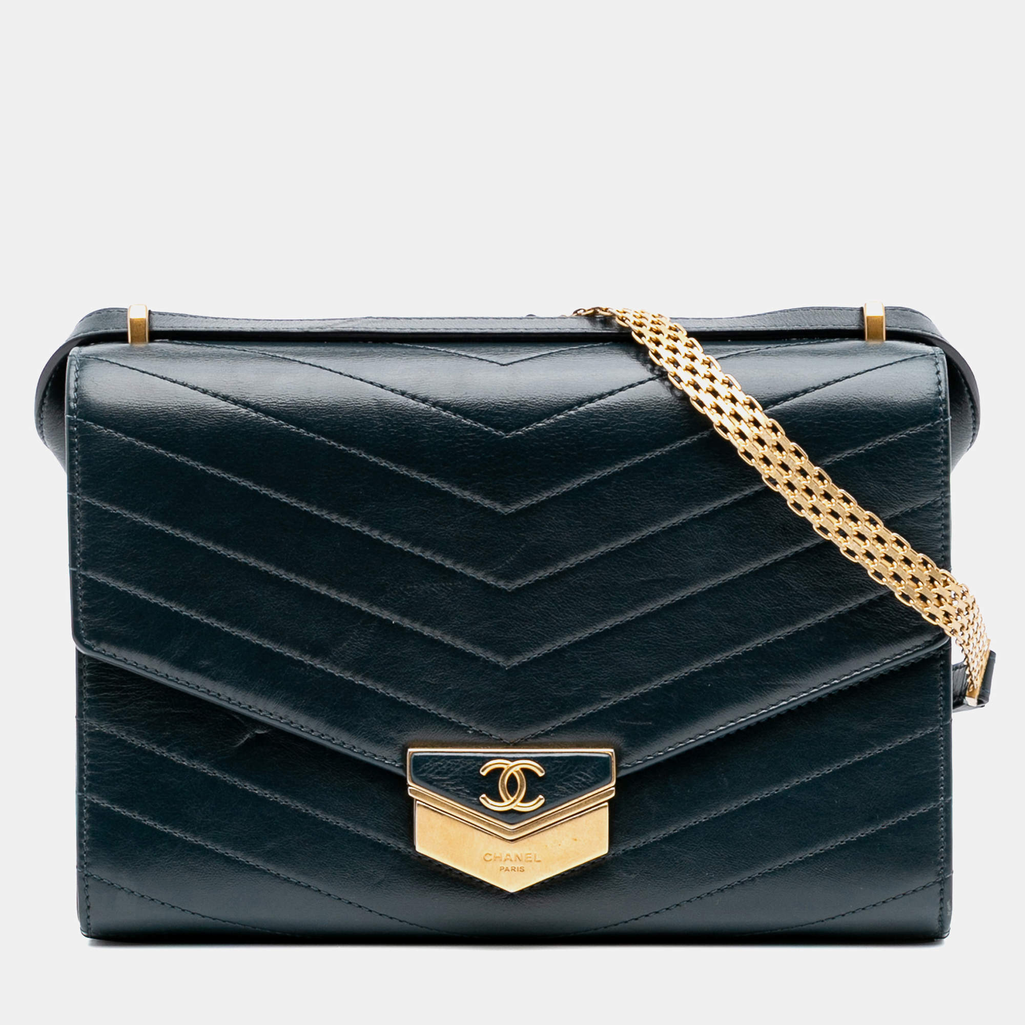 Pre Owned Chanel Green CC Chevron Calfskin Medal Flap