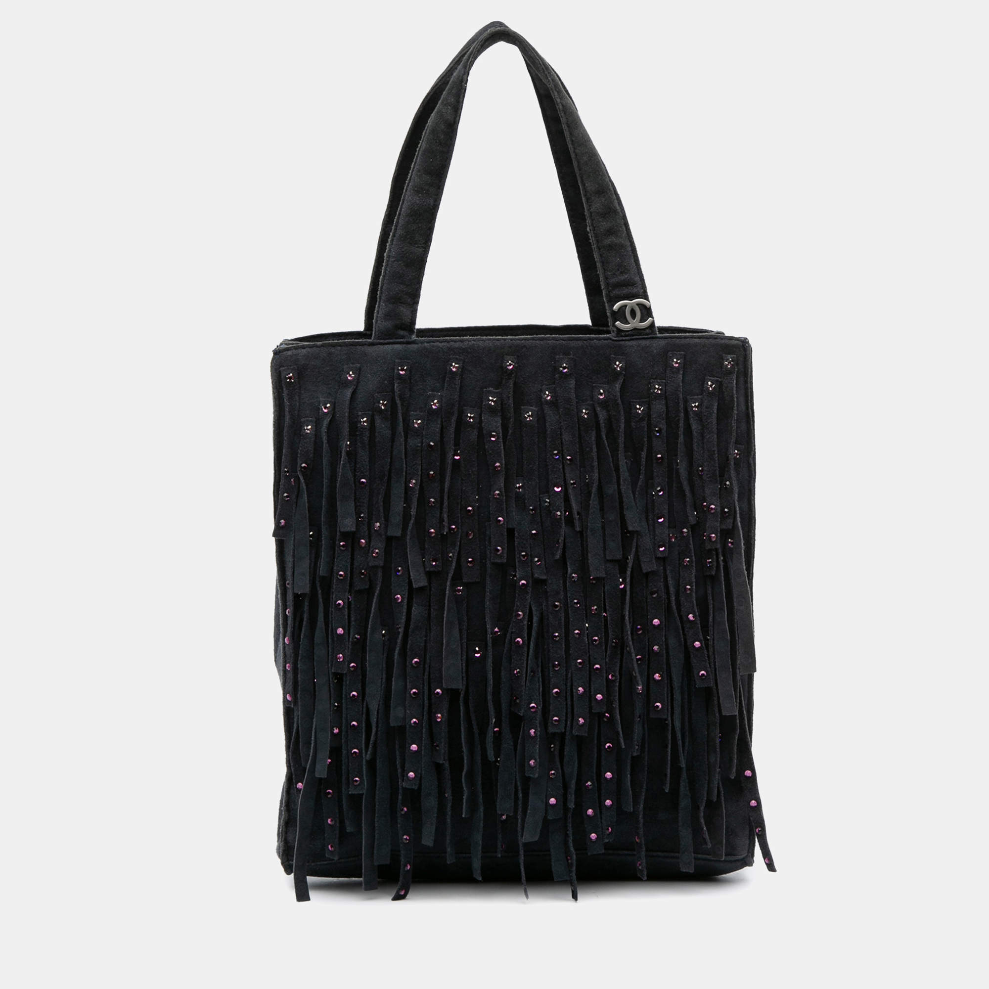 Pre Owned Chanel Black Mini Suede Studded Fringe Tote