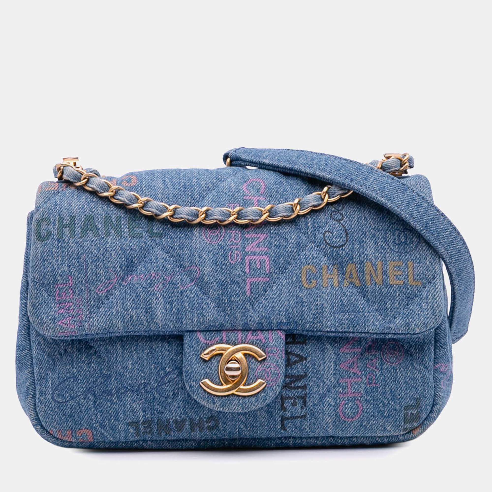 Pre Owned Chanel Blue Mini Rectangular Quilted Denim Mood Flap
