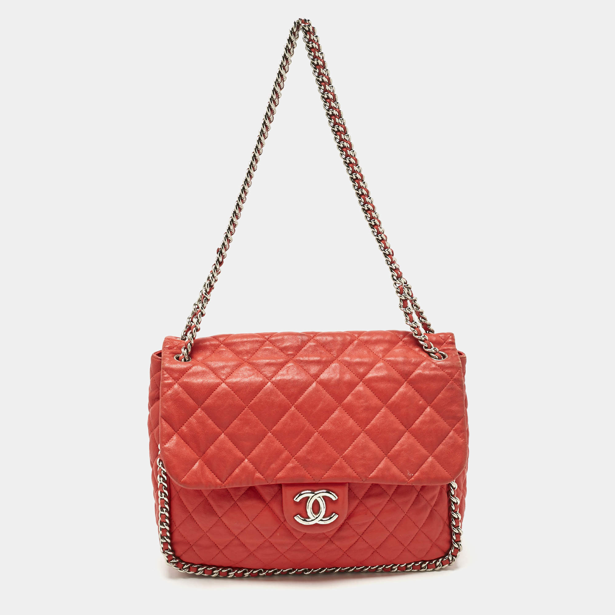 Pre Owned Chanel Red Quilted Leather Chain Around Flap Bag