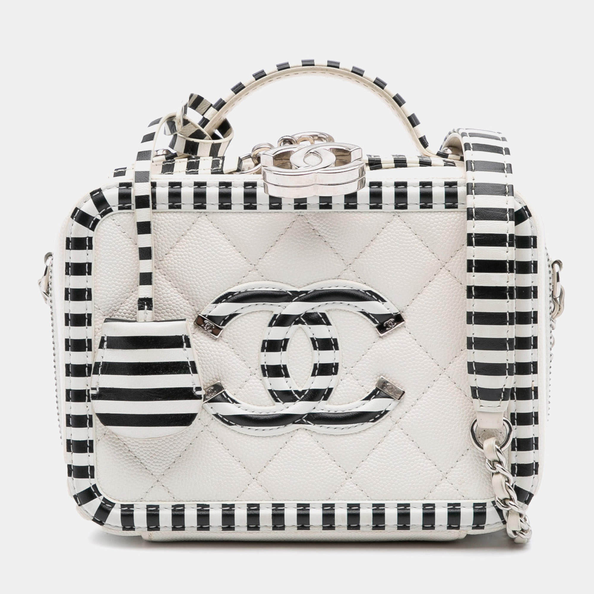 Pre Owned Chanel White Small Caviar Striped CC Filigree Vanity Case
