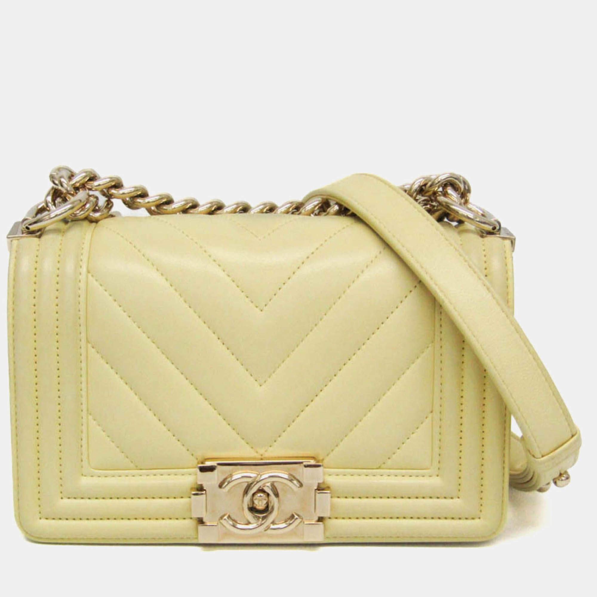 Pre Owned Chanel Boy V Stitch Yellow Leather Shoulder Bag