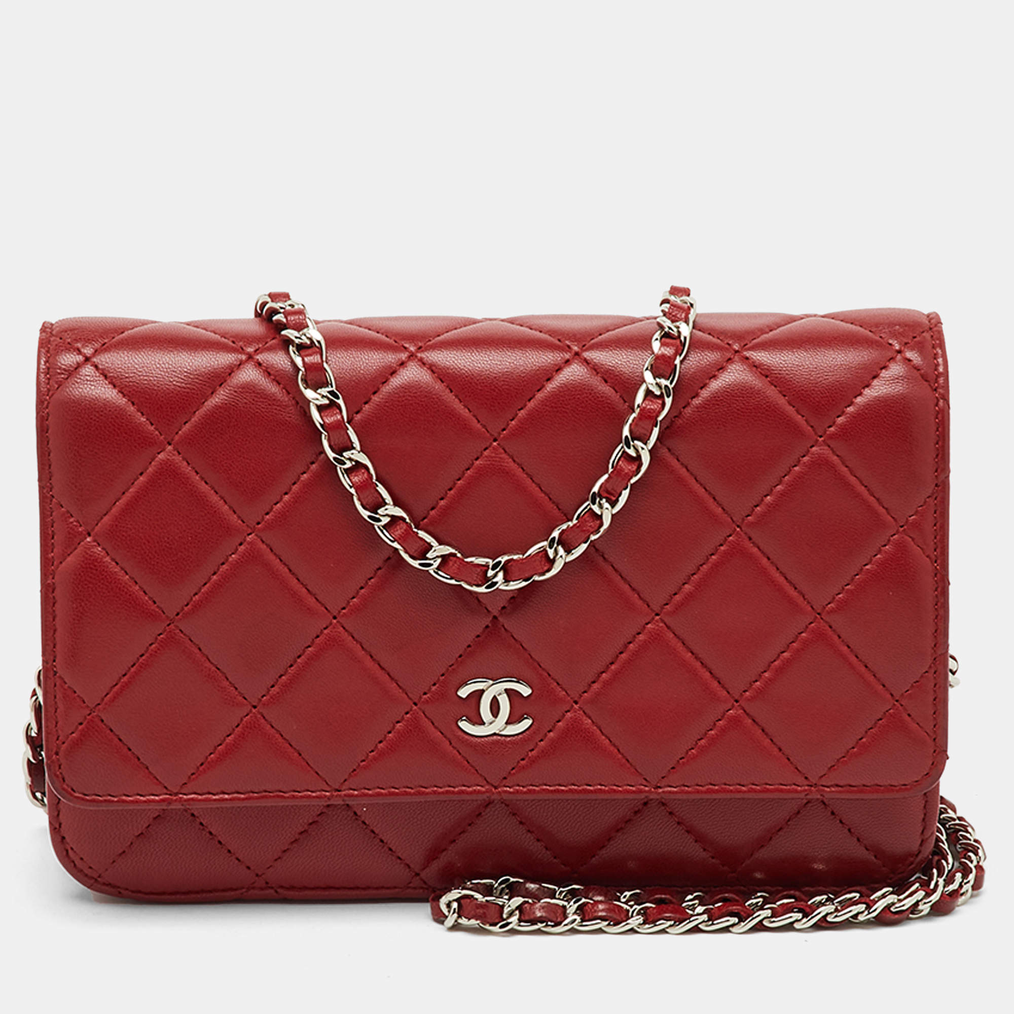 Pre Owned Chanel Red Quilted Leather Classic Wallet on Chain