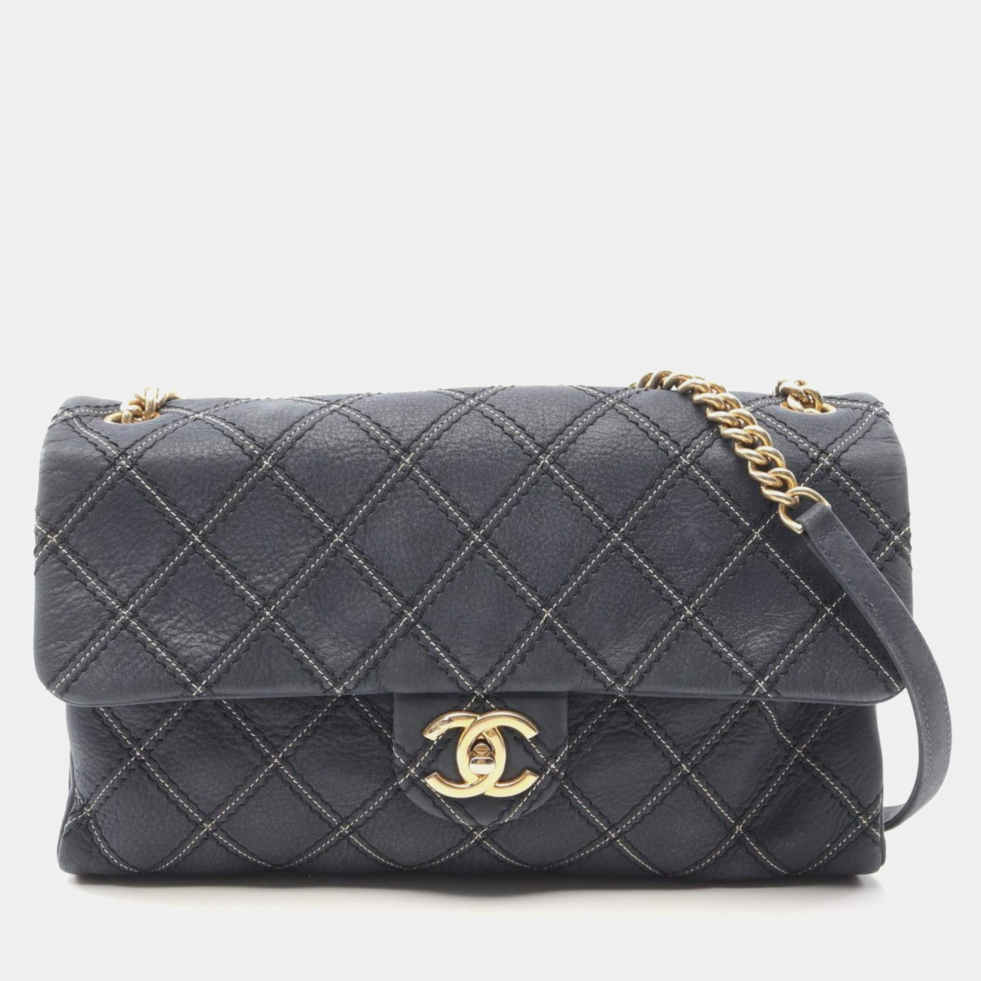 Pre Owned Chanel Metallic Stitch Navy Calfskin Leather Flap Bag