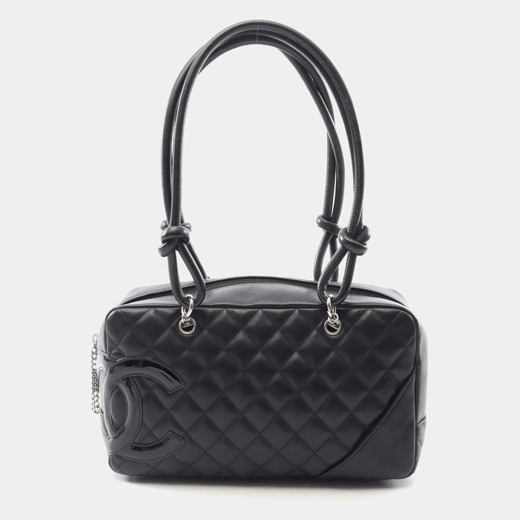 Pre Owned Chanel Cambon Ligne Black Patent Leather Bowling Bag