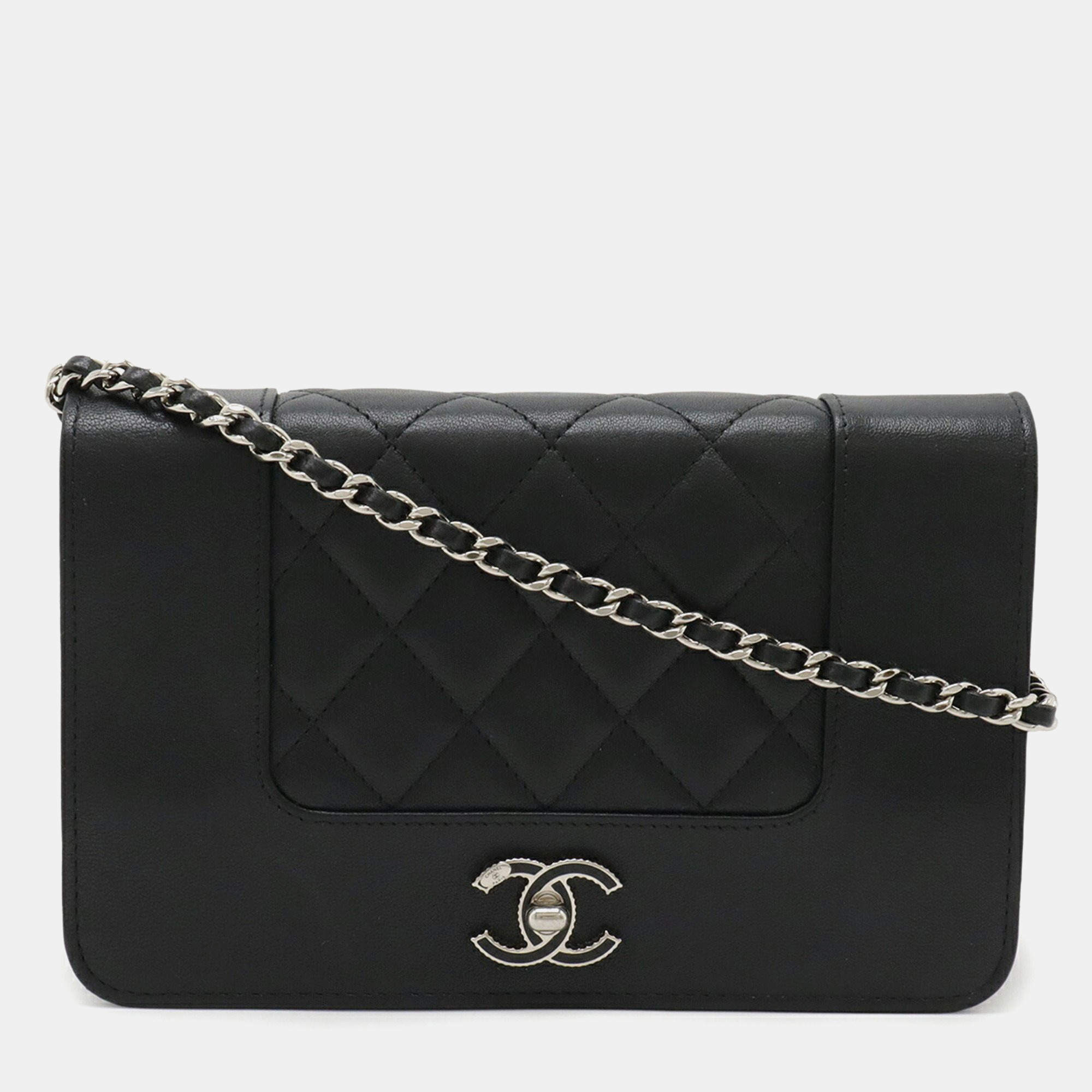 Pre Owned Chanel Mademoiselle Black Leather Chain Wallet
