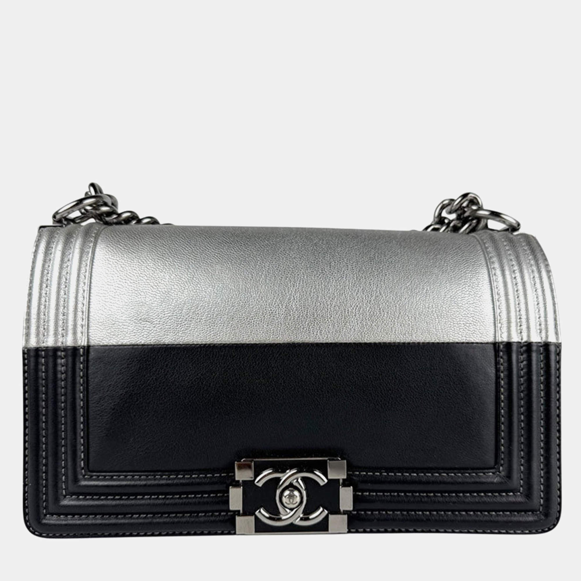 Pre Owned Chanel Boy Black Silver Leather Shoulder Bag