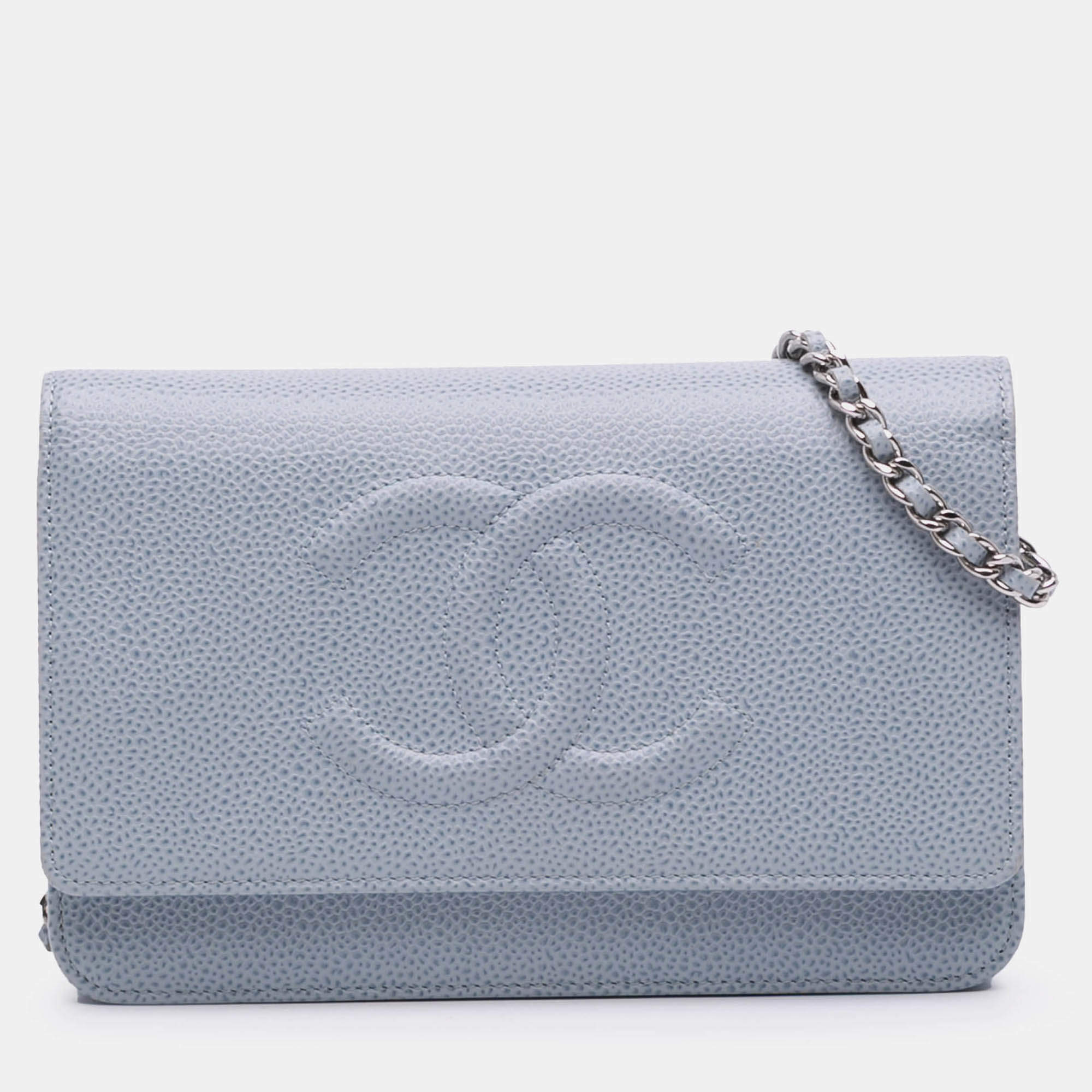 Pre Owned Chanel Blue CC Caviar Wallet On Chain