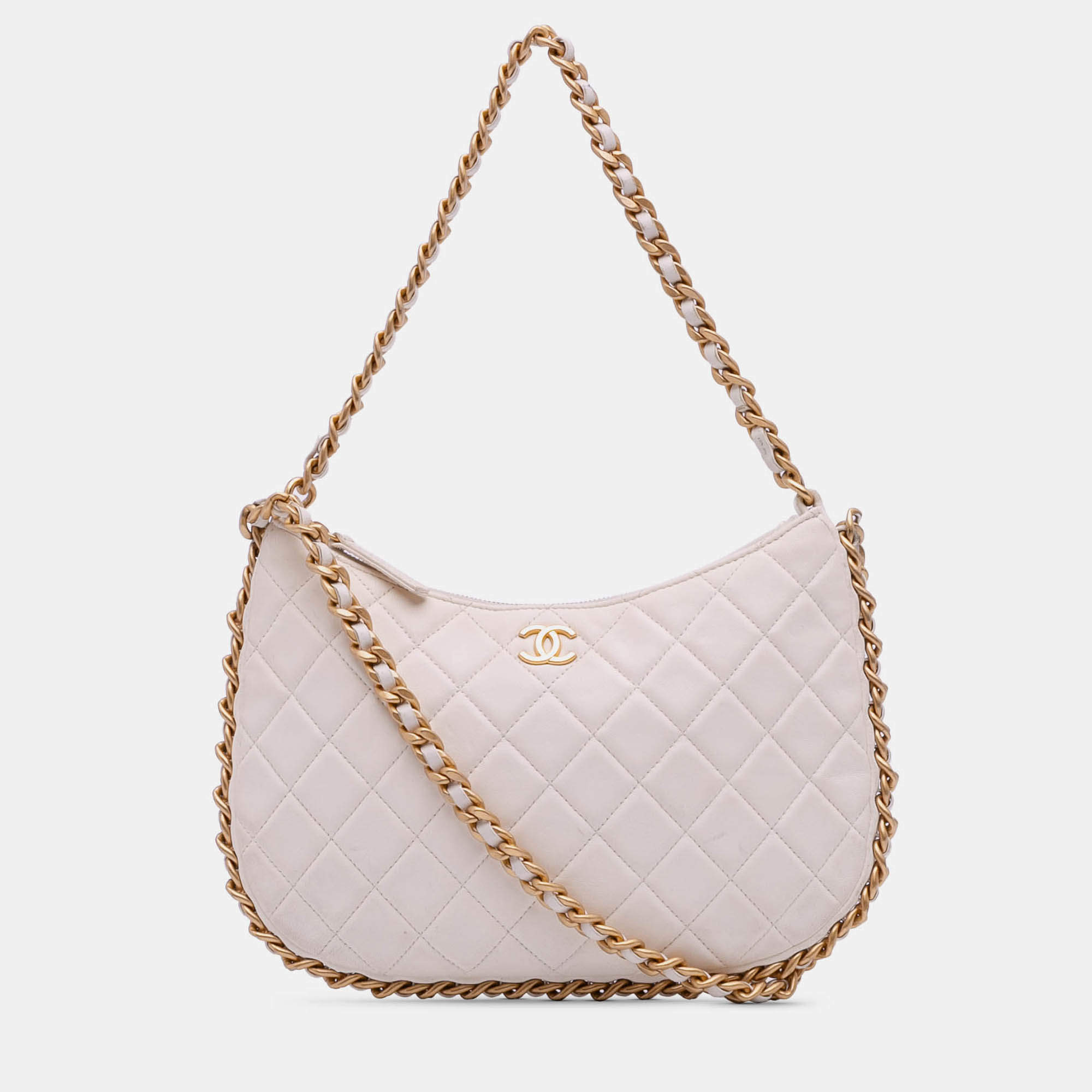 Pre Owned Chanel White Large Shiny Crumpled Quilted Lambskin Trendy Chain Around Hobo