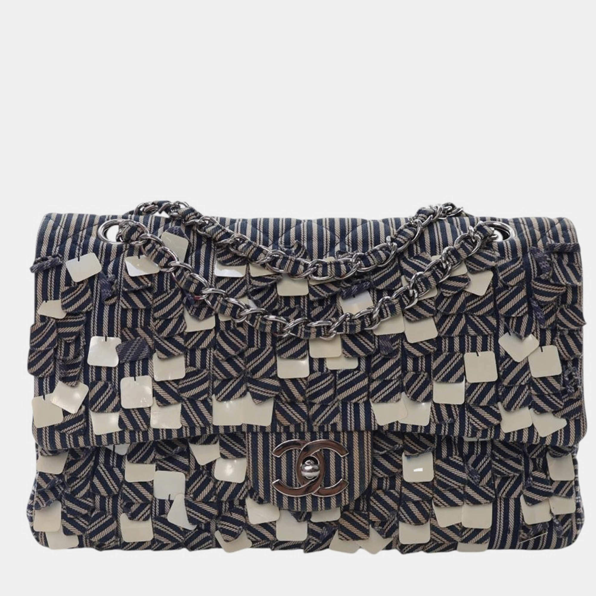 Pre Owned Chanel Blue Medium Classic Canvas Sequin Stripes Double Flap