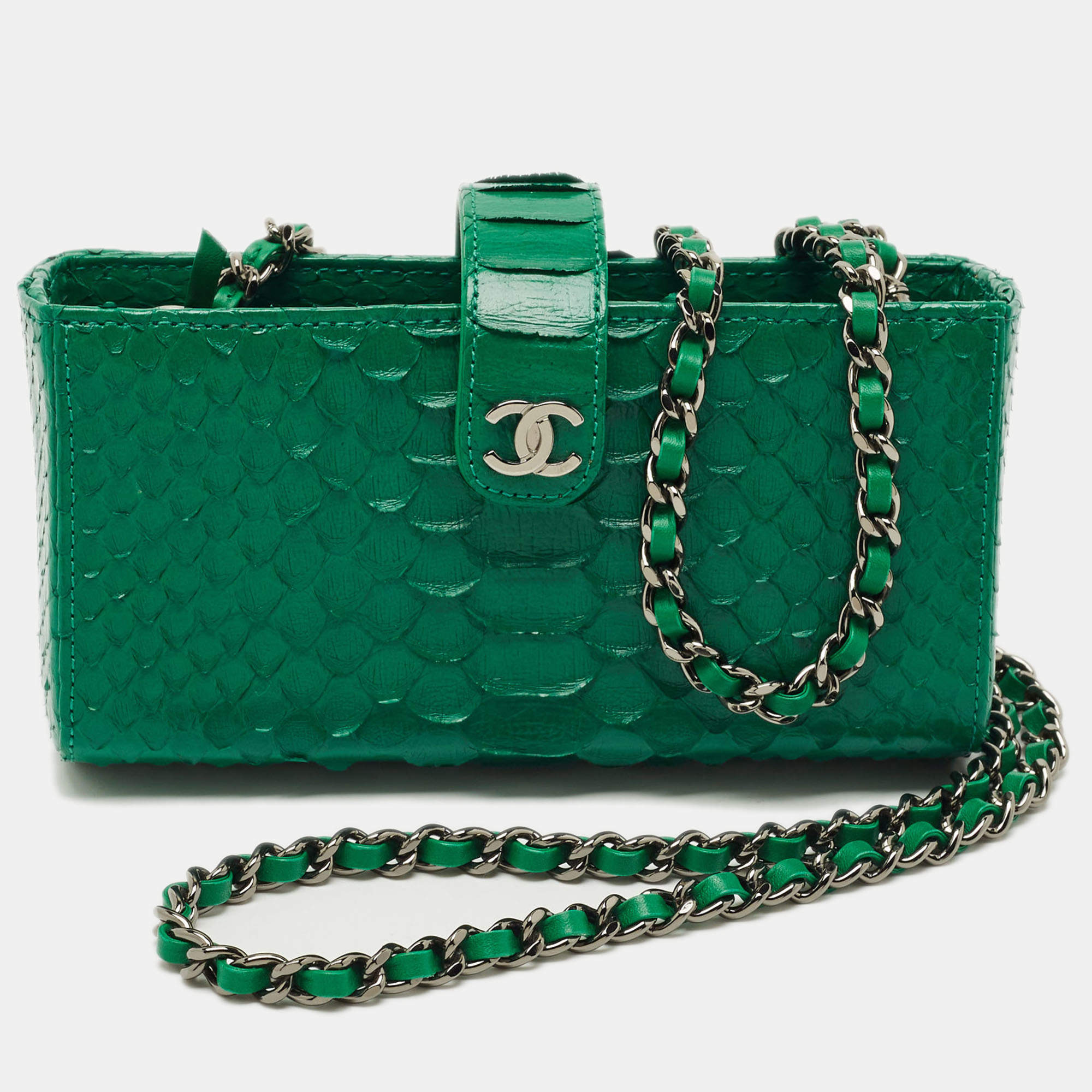 Pre Owned Chanel Green Python O Phone Pouch with Chain