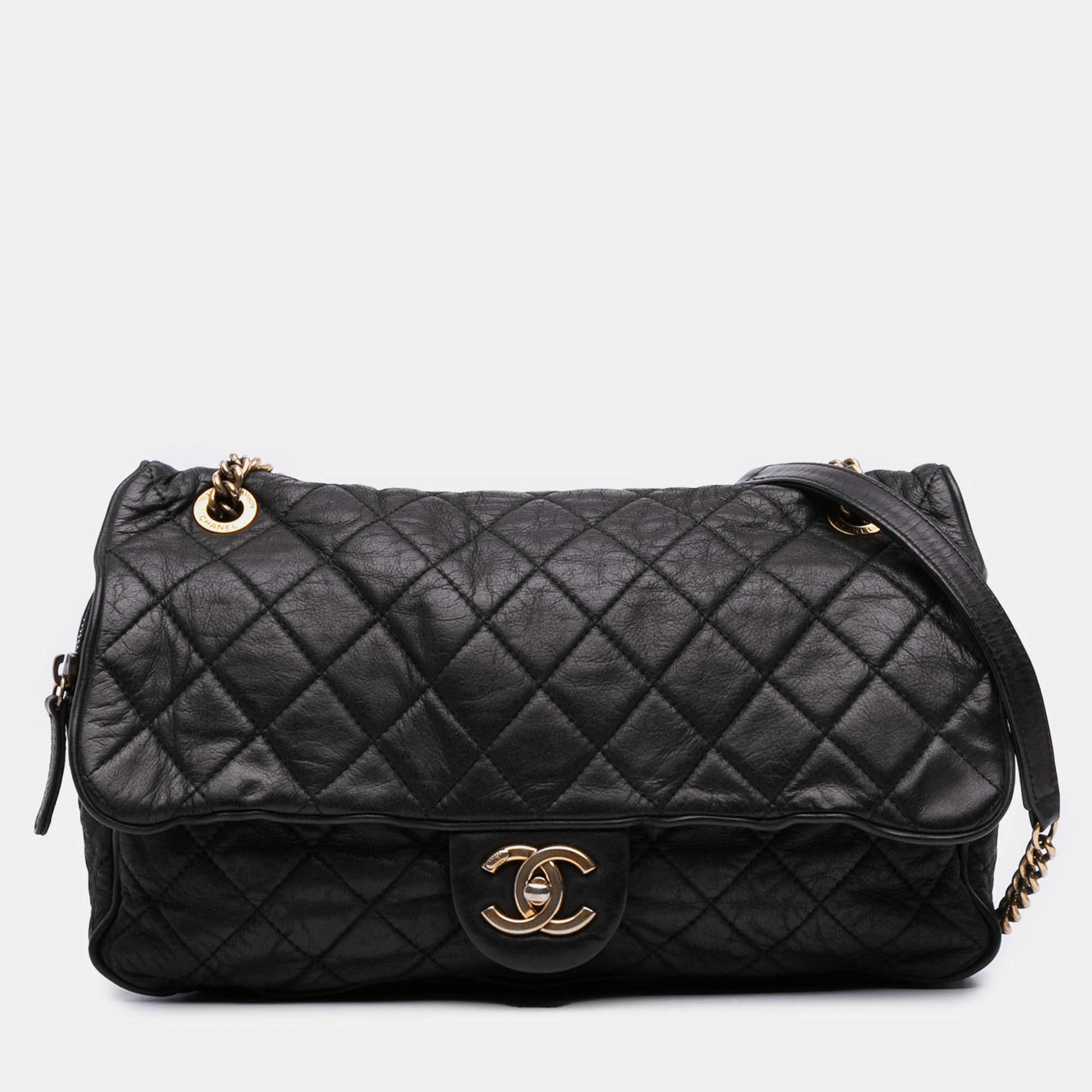 Pre Owned Chanel Black Large Quilted Iridescent Calfskin Shiva Flap