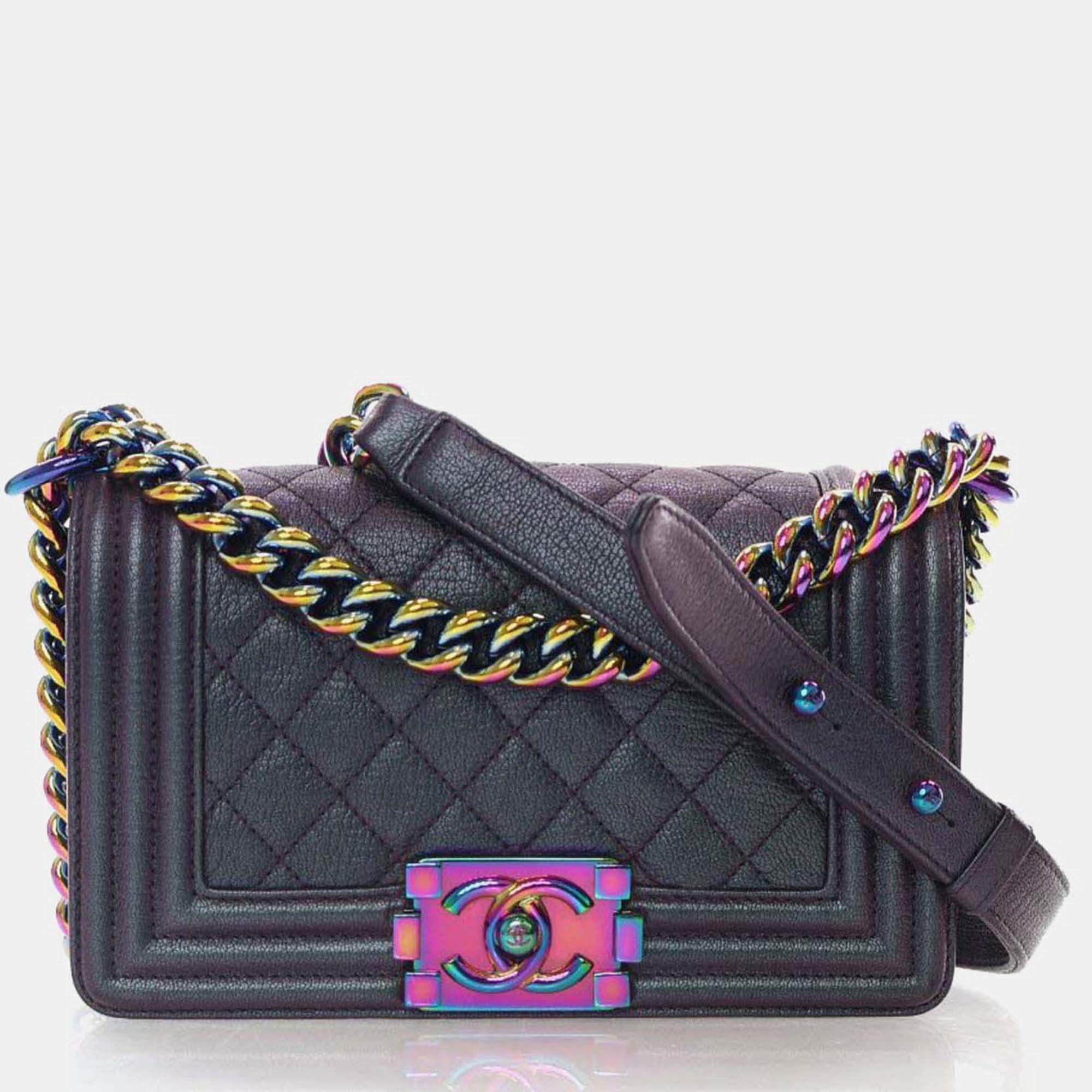 Pre Owned Chanel Boy Small Mermaid Purple Iridescent Goatskin Shoulder Bag