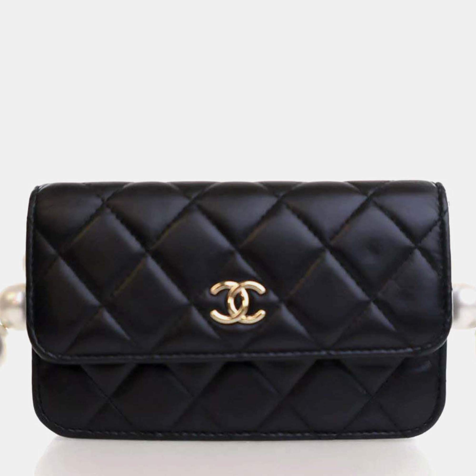 Pre Owned Chanel Maxi Pearls Mini Black Lambskin Clutch On Chain 