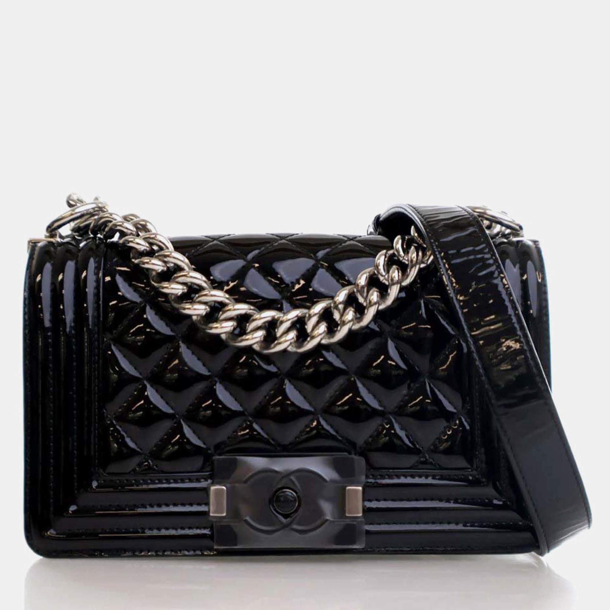 Pre Owned Chanel Boy Small Black Patent Leather Shoulder Bag