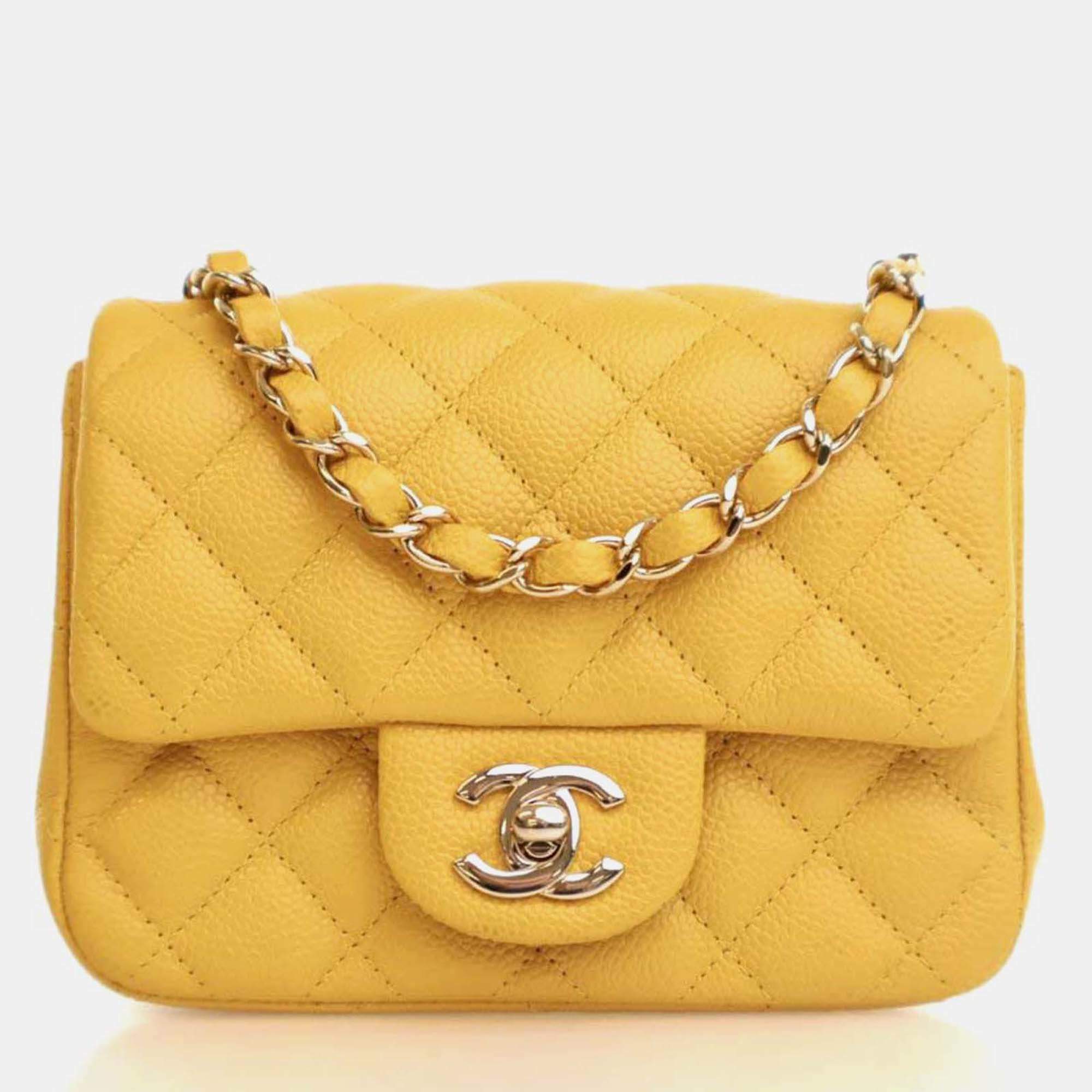 Pre Owned Chanel Classic Flap Mini Square Yellow Caviar Shoulder Bag