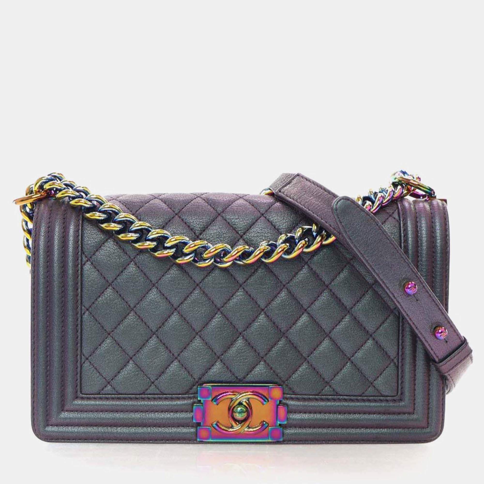 Pre Owned Chanel Boy Medium Mermaid Purple Goatskin Shoulder Bag