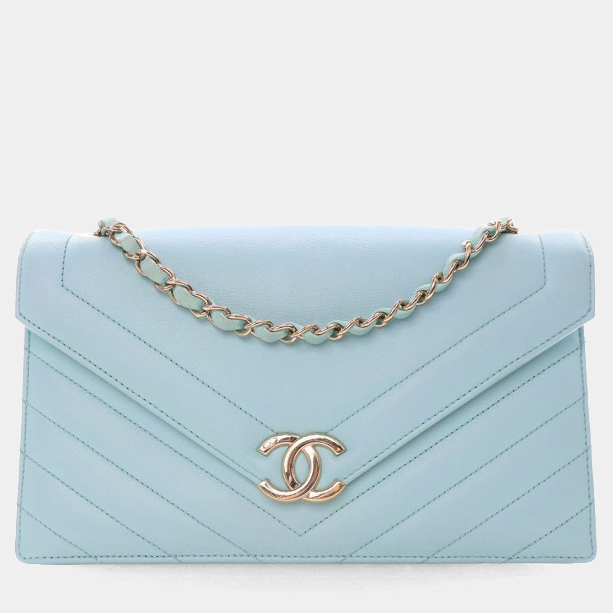 Pre Owned Chanel Chevron Flap Medium Tiffany Blue Calfskin Shoulder Bag