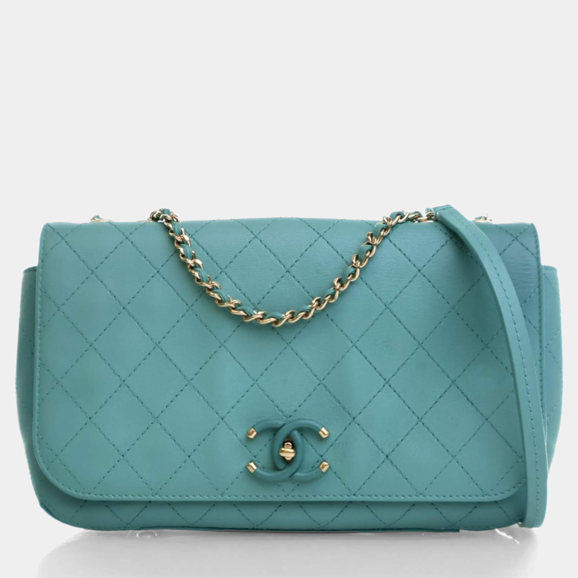 Pre Owned Chanel Stitched Covered CC Flap Medium Green Calfskin Shoulder Bag