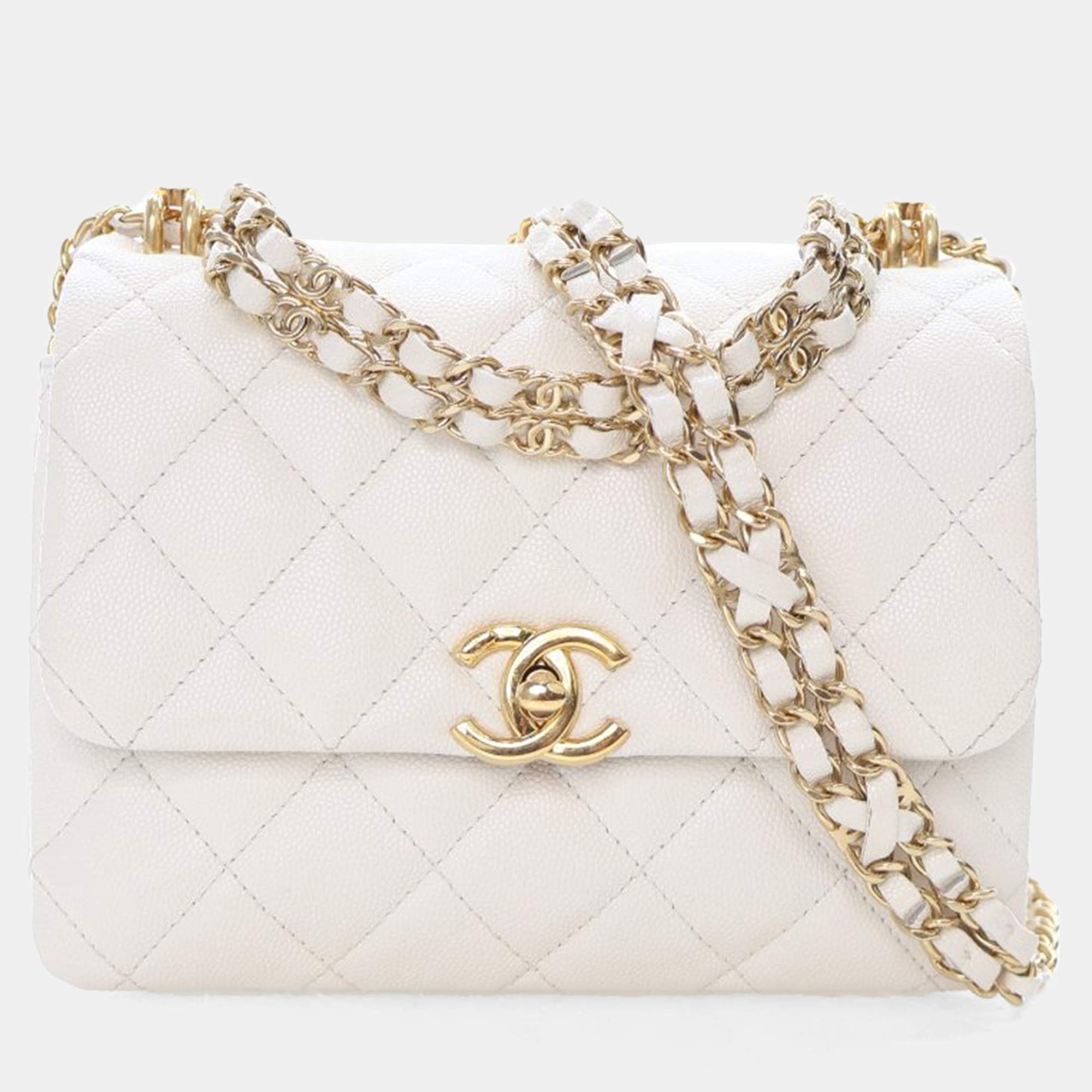 Pre Owned Chanel White Caviar Coco Flap Bag