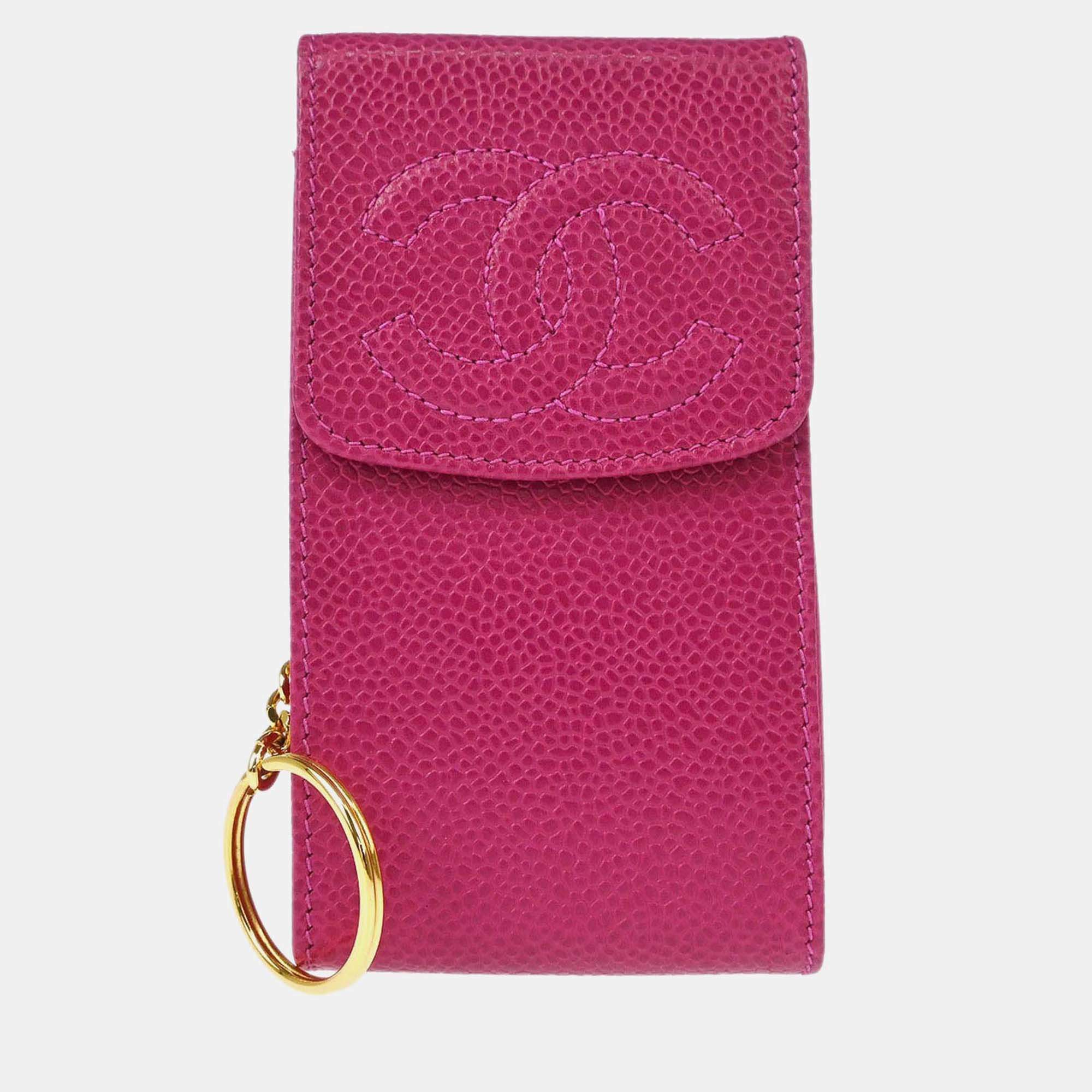Pre Owned Chanel Cigarette Case Pink Calfskin Key Holder