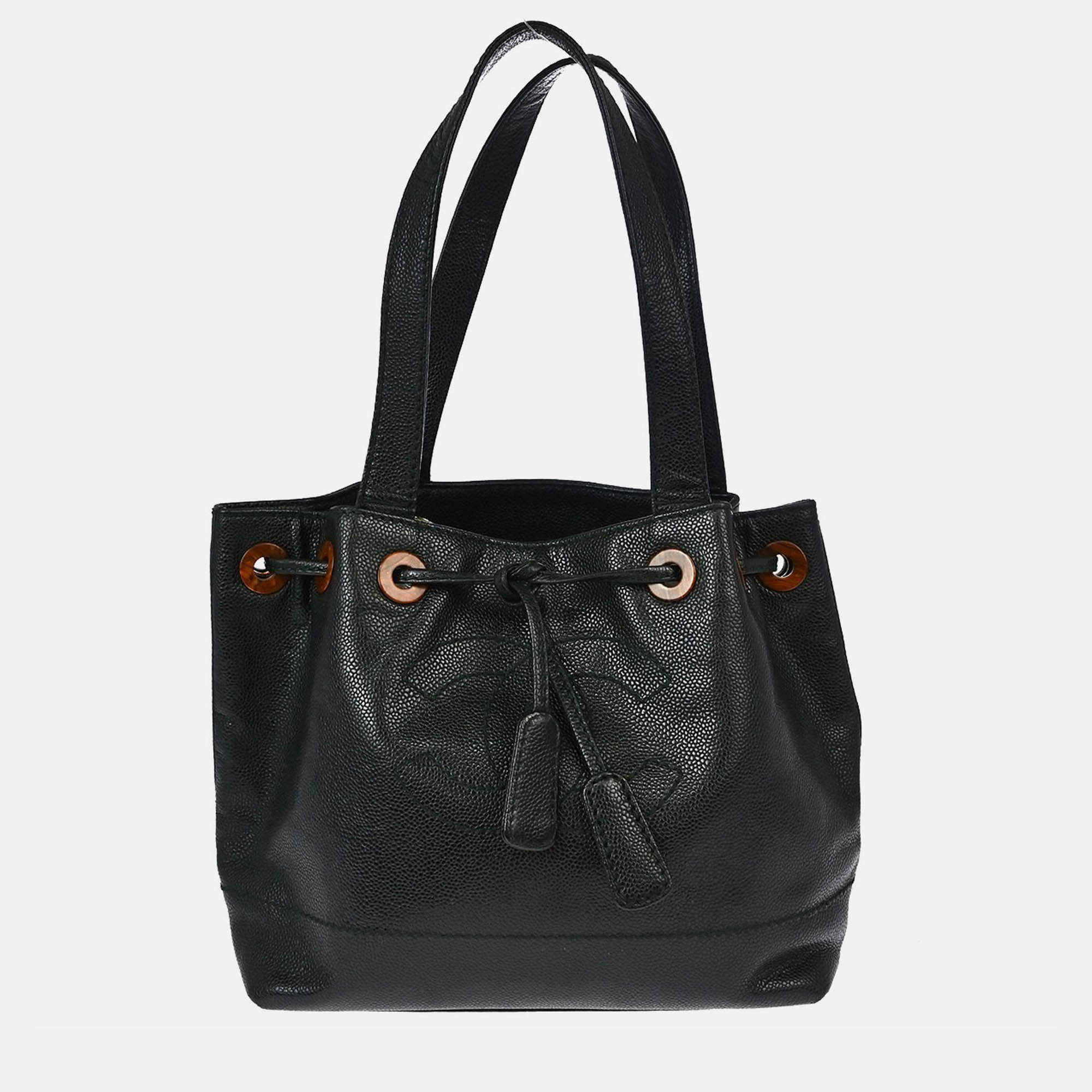 Pre Owned Chanel Black Calfskin Drawstring Tote Bag