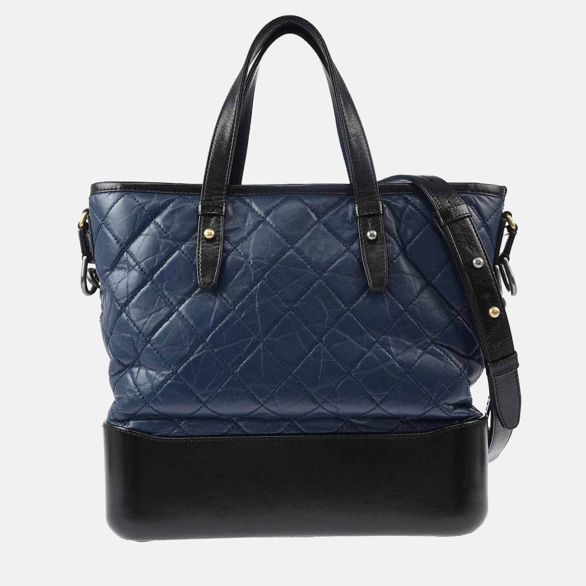 Pre Owned Chanel Gabrielle Blue Black Calfskin Tote Bag