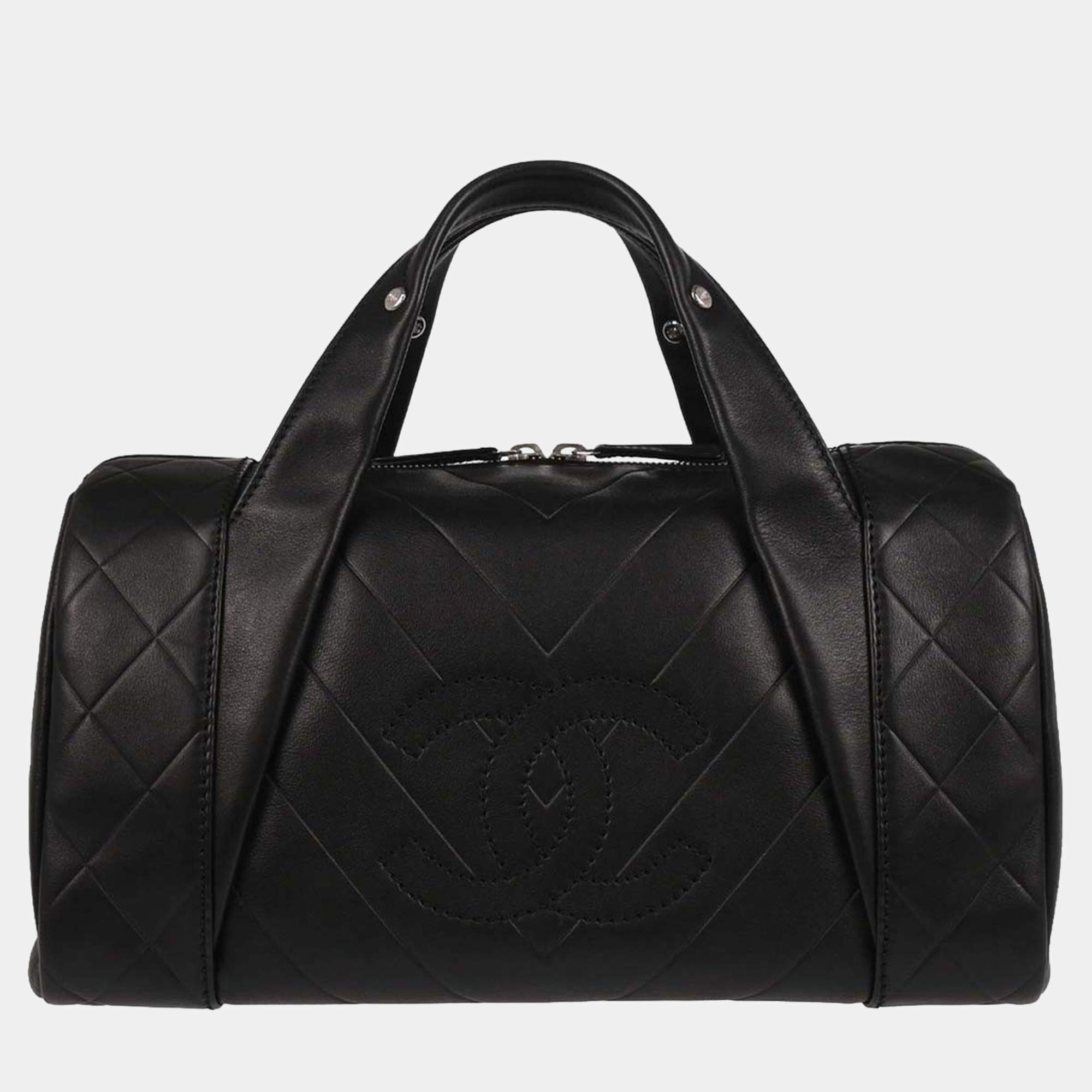 Pre Owned Chanel Chevron Black Lambskin Top Handle Bag