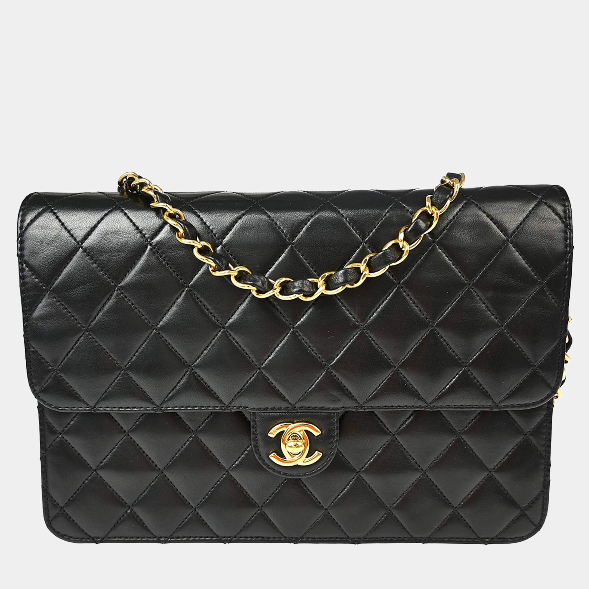 Pre Owned Chanel Classic Flap Medium Black Lambskin Shoulder Bag