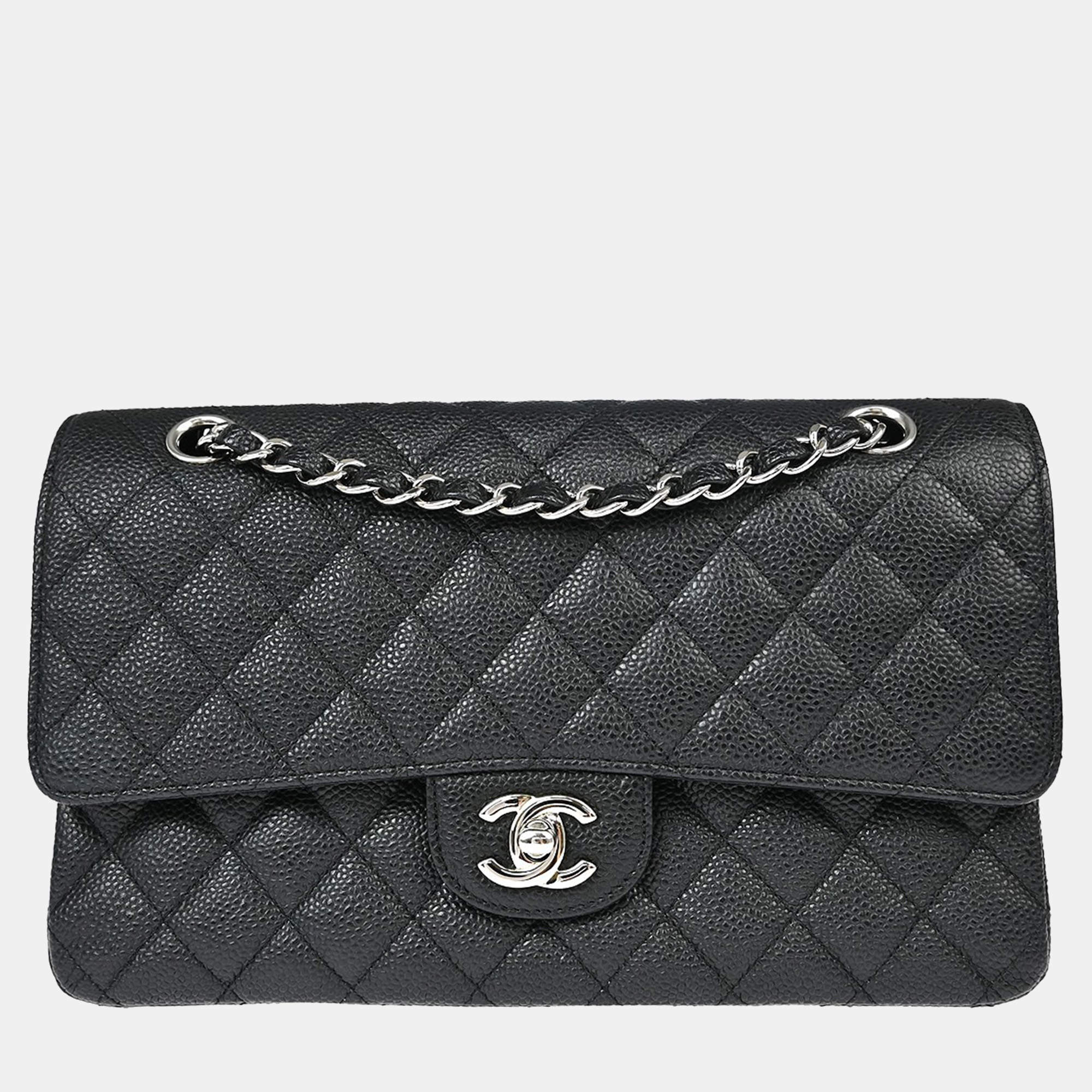 Pre Owned Chanel Classic Double Flap Medium Black Caviar Leather Shoulder Bag