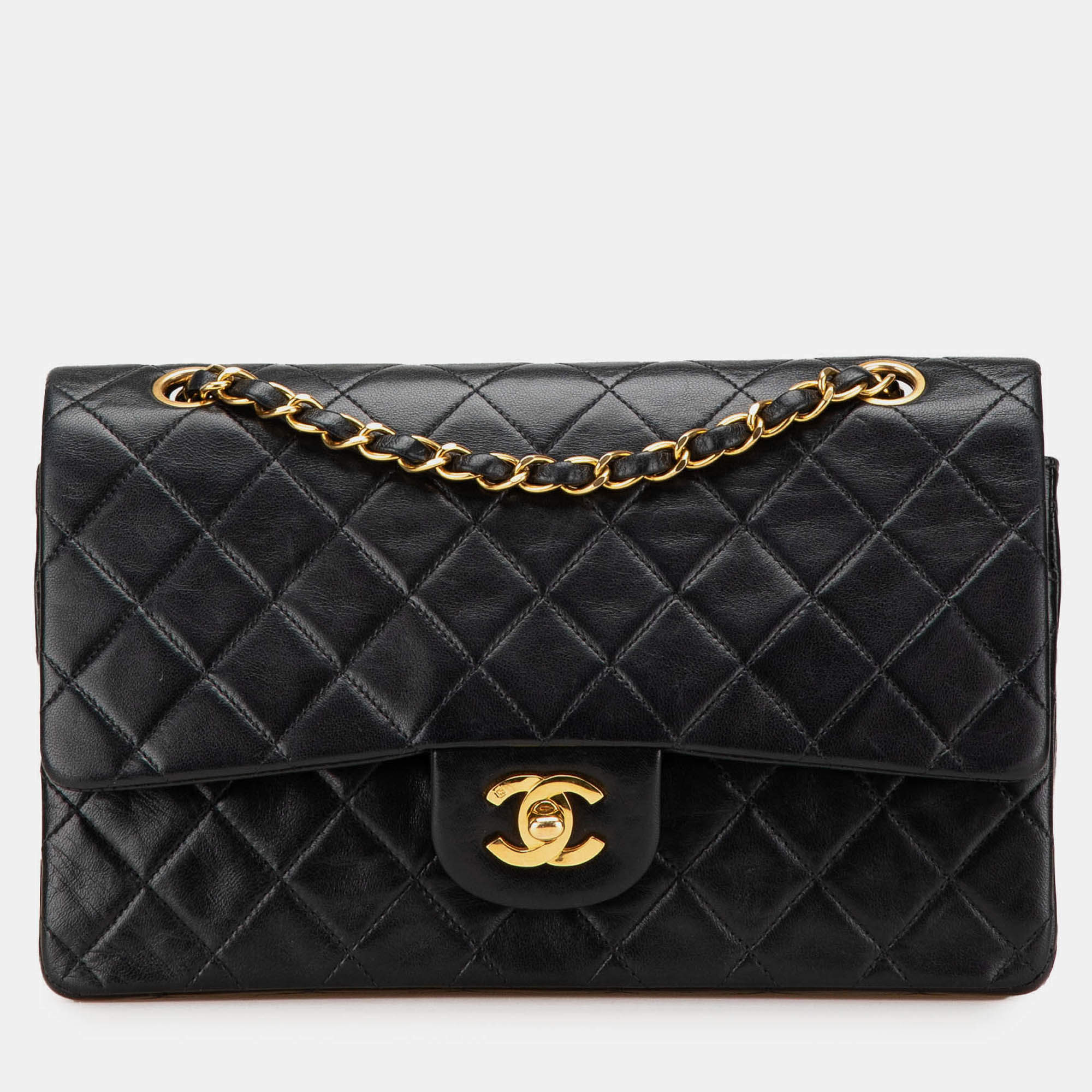 Pre Owned Chanel Black Medium Classic Lambskin Double Flap