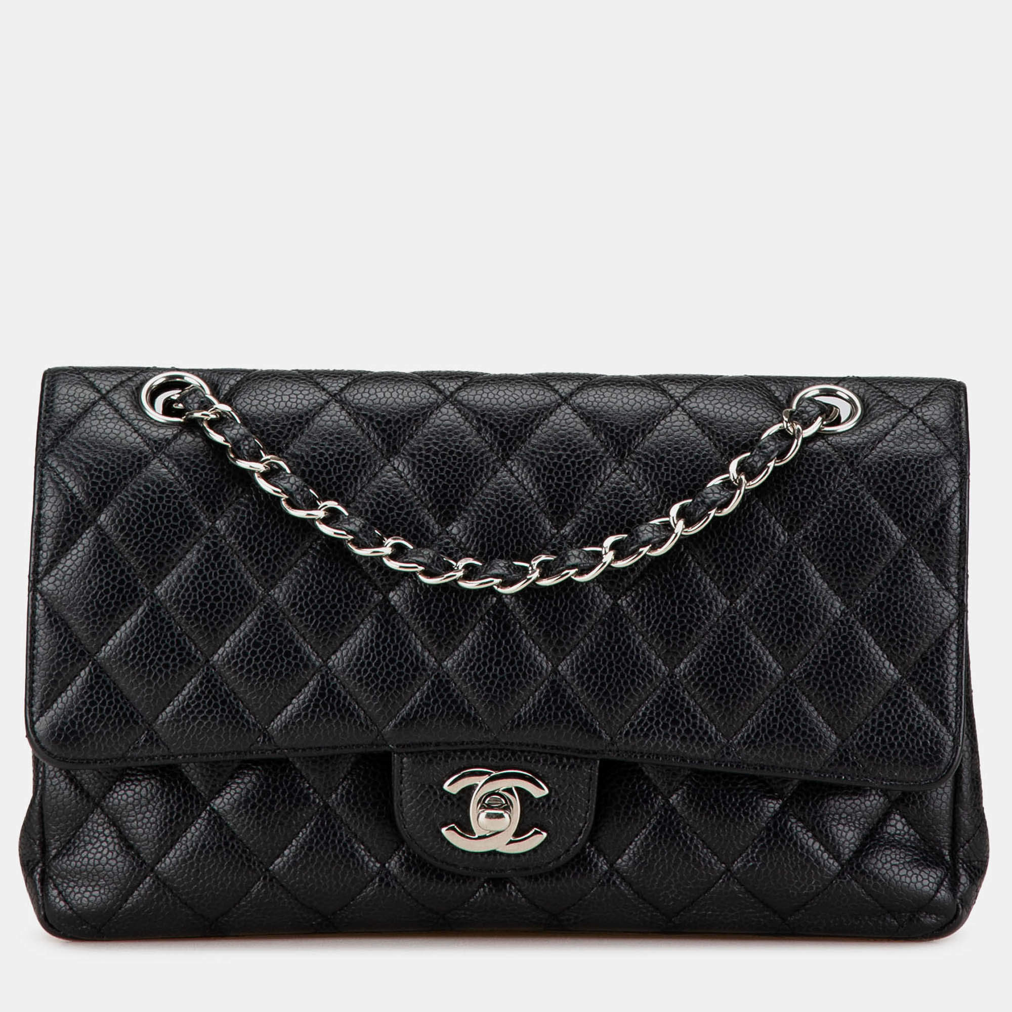 Pre Owned Chanel Black Medium Classic Caviar Double Flap