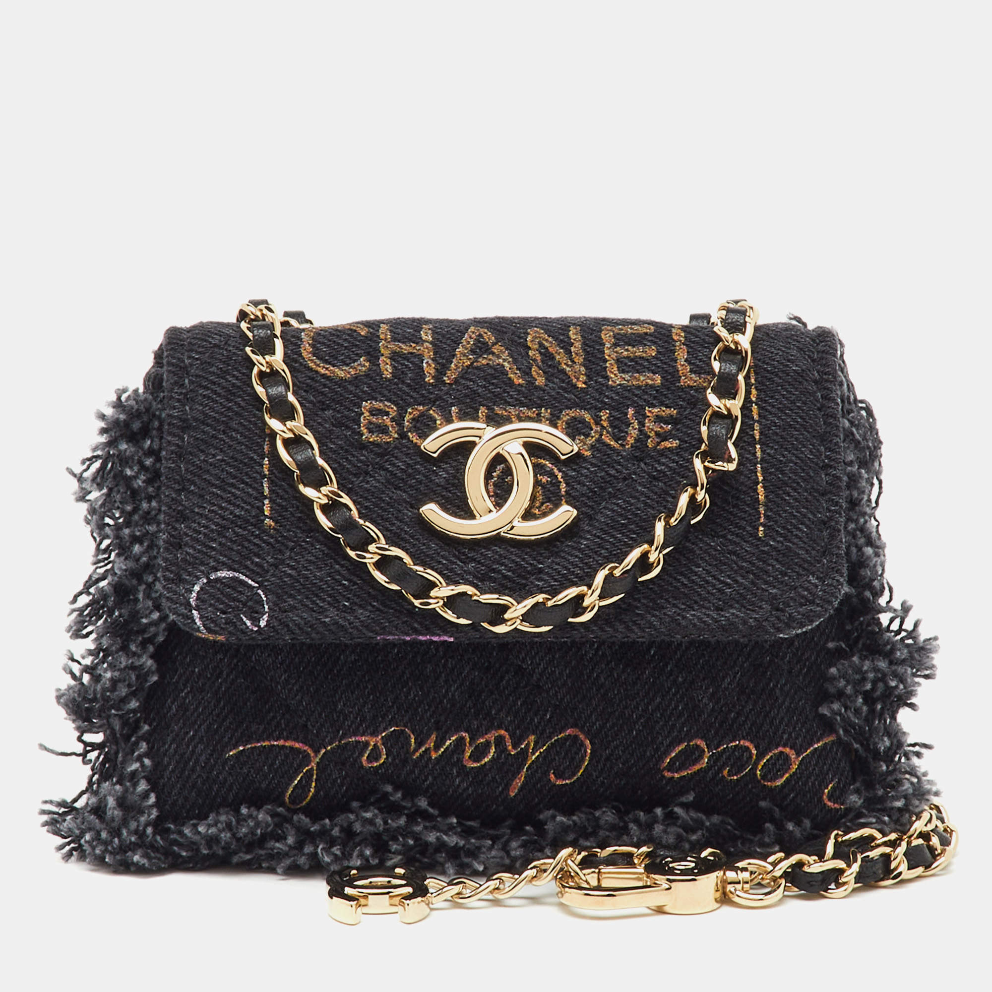 Pre Owned Chanel Black Denim Mood Convertible Chain Clutch