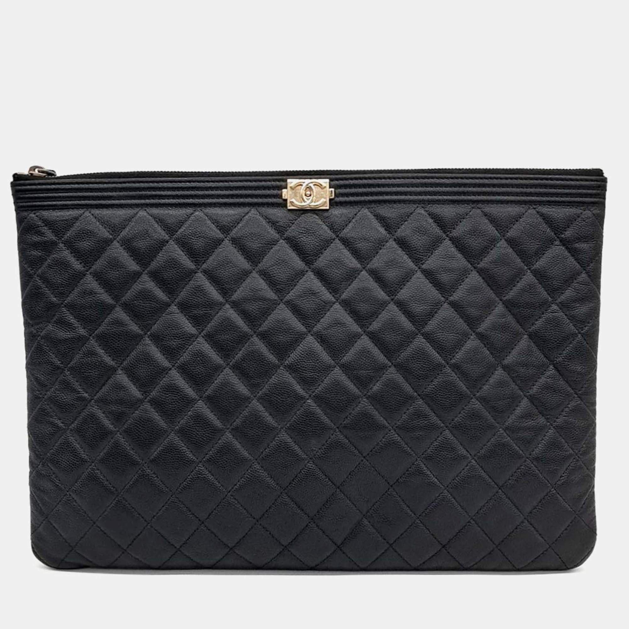 Pre Owned Chanel Boy Black Caviar Leather Large Clutch