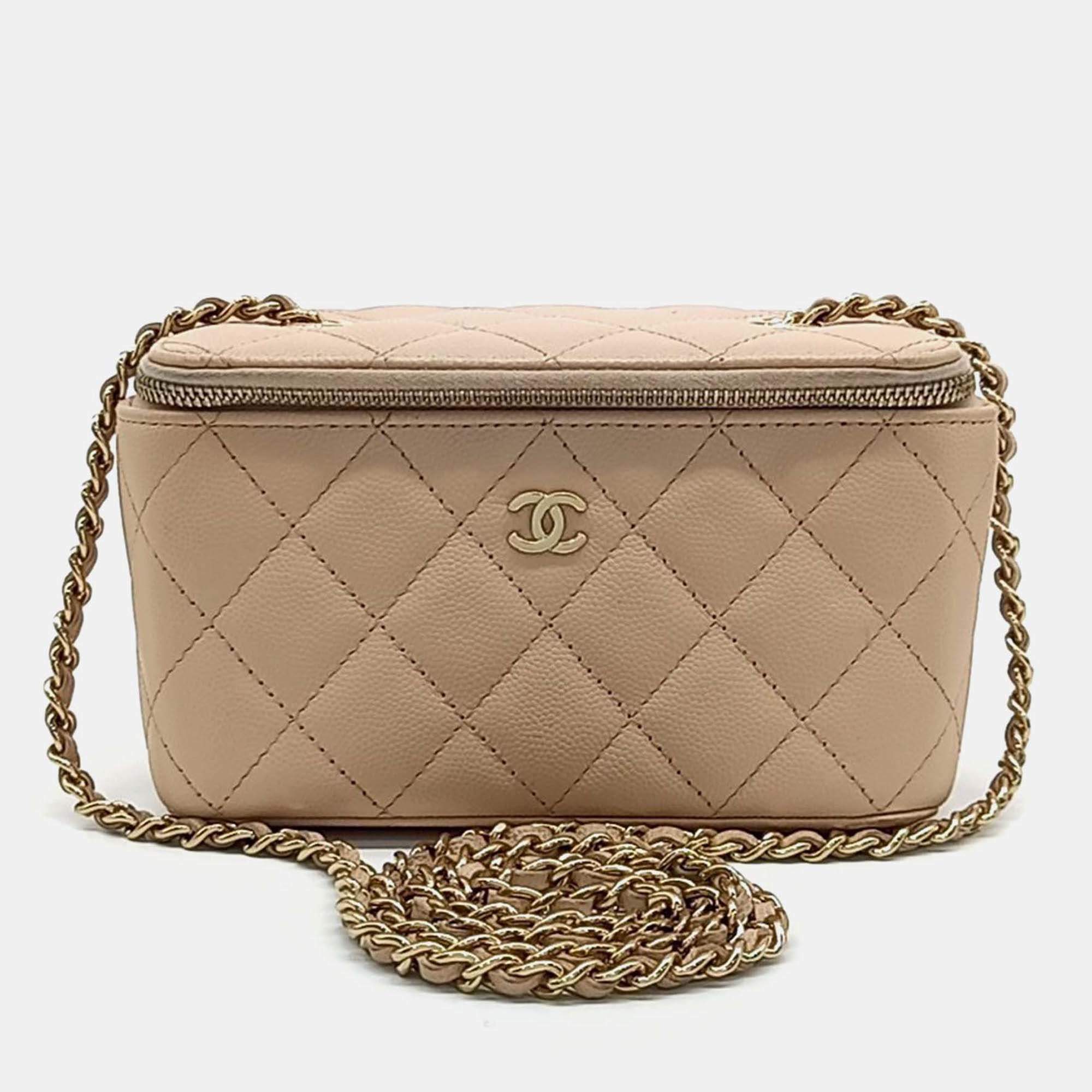 Pre Owned Chanel Beige Leather Chanel Caviar Small Vanity Crossbody Bag