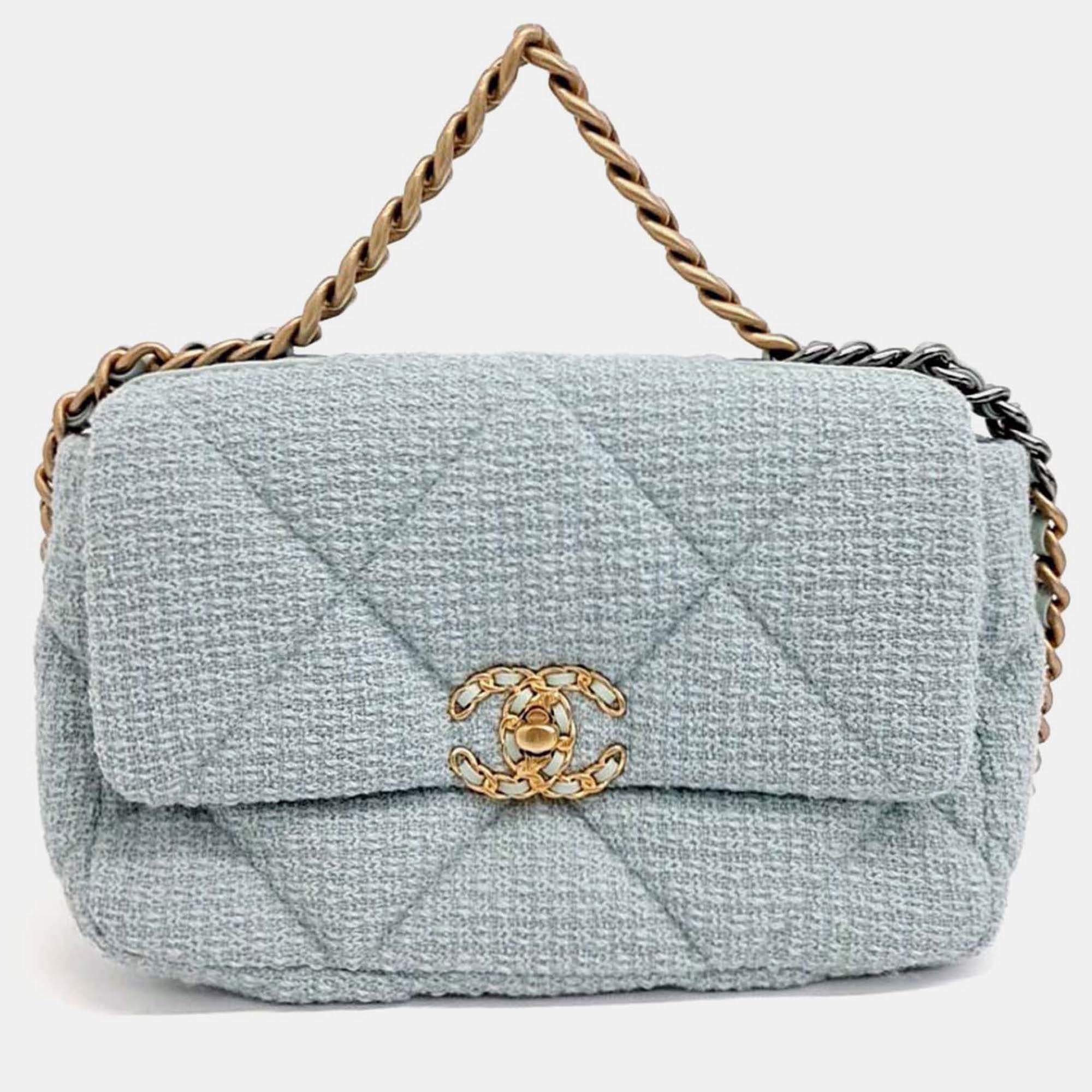 Pre Owned Chanel Blue Tweed Chanel Tweed 19 Flap Bag Small