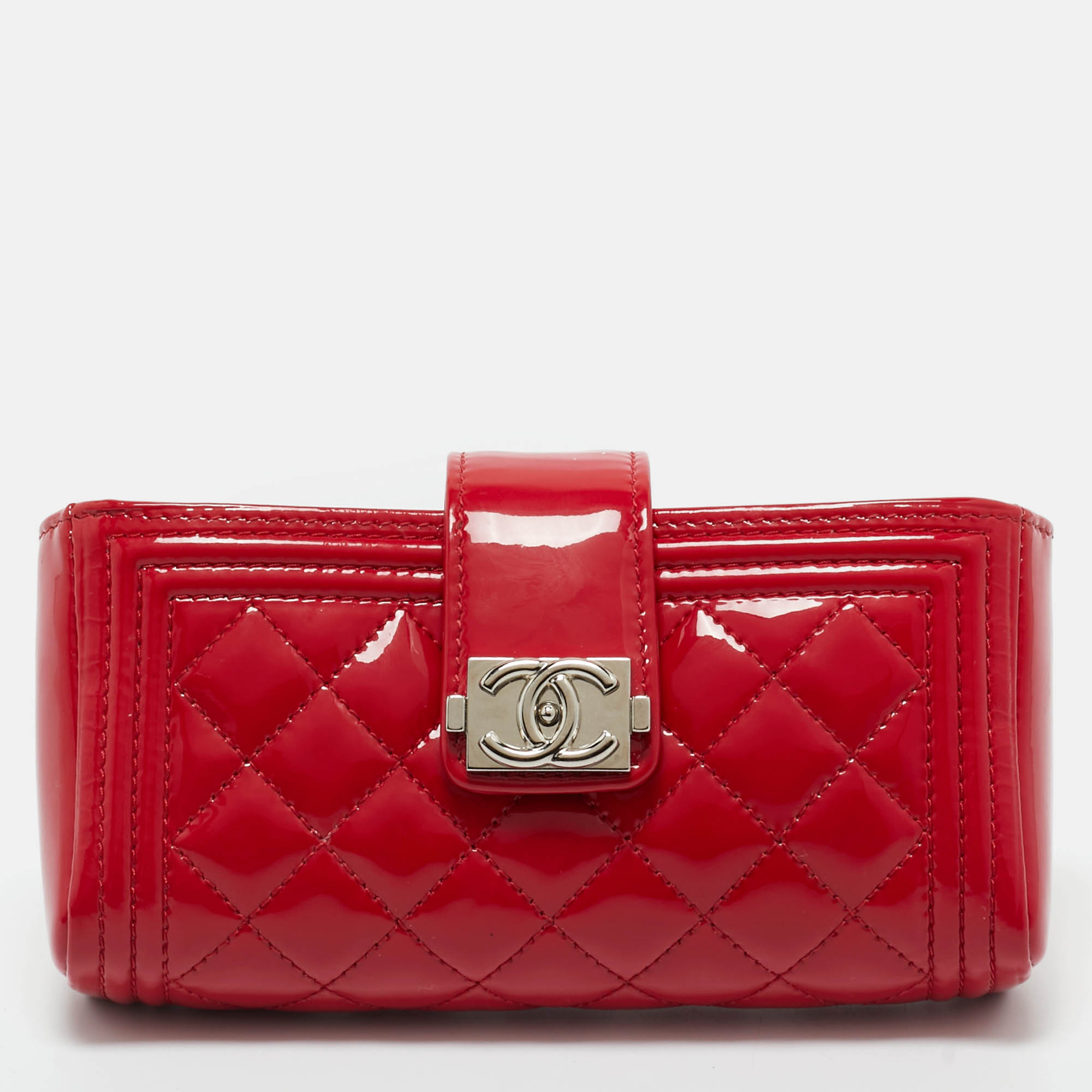 Pre Owned Chanel Red Quilted Patent Leather Boy Phone Holder Pouch