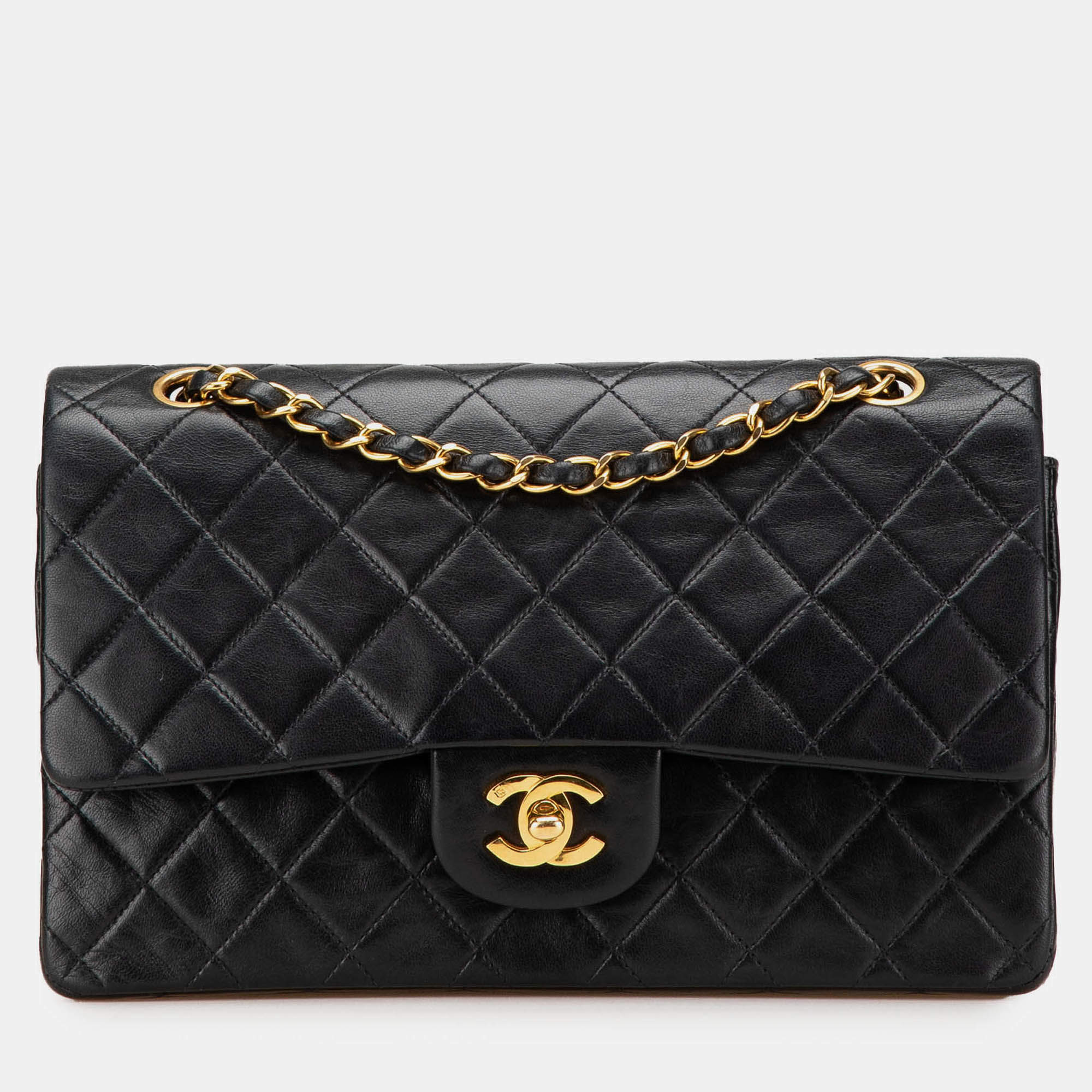 Pre Owned Chanel Black Medium Classic Lambskin Double Flap