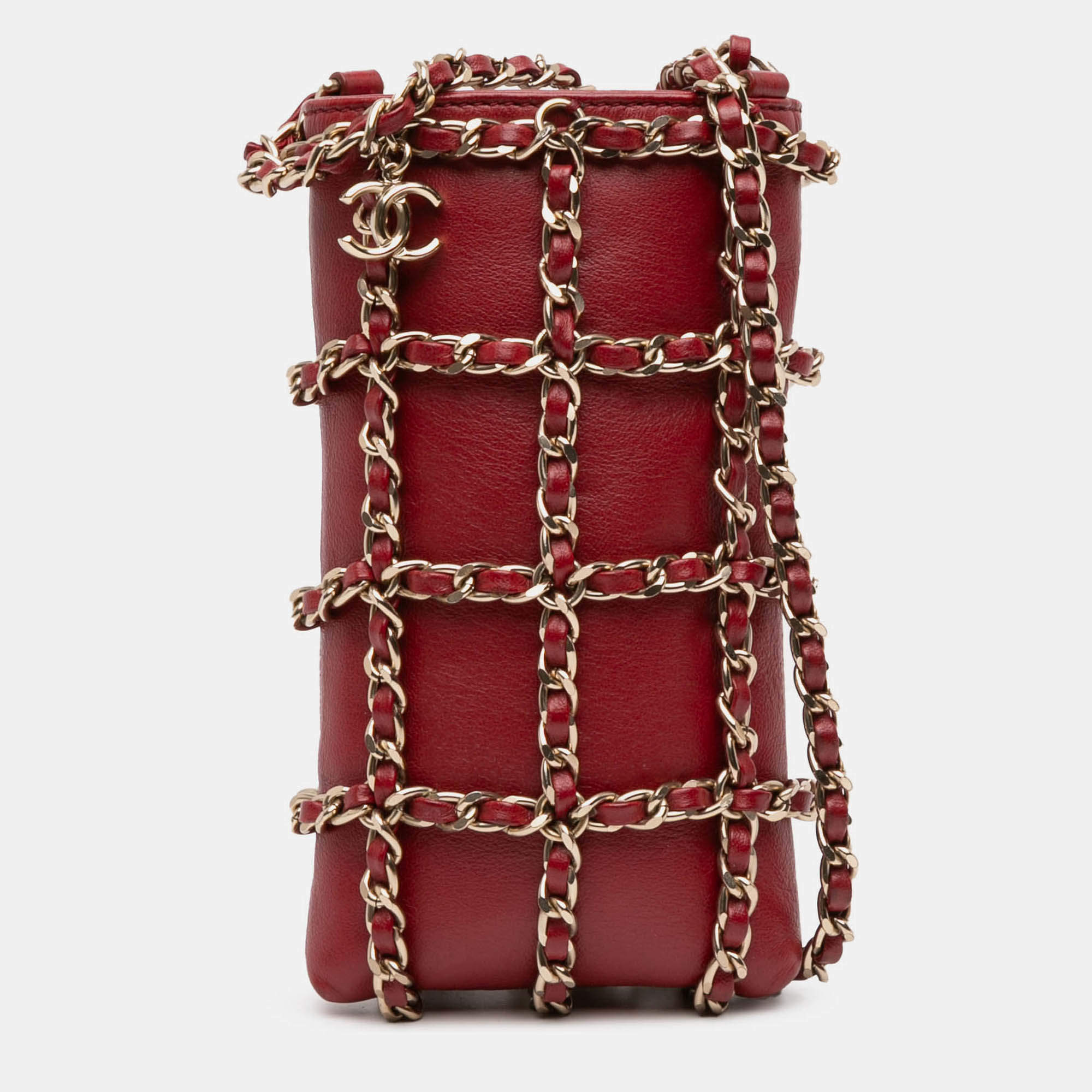 Pre Owned Chanel Red Lambskin Tech Me Out Clutch With Chain