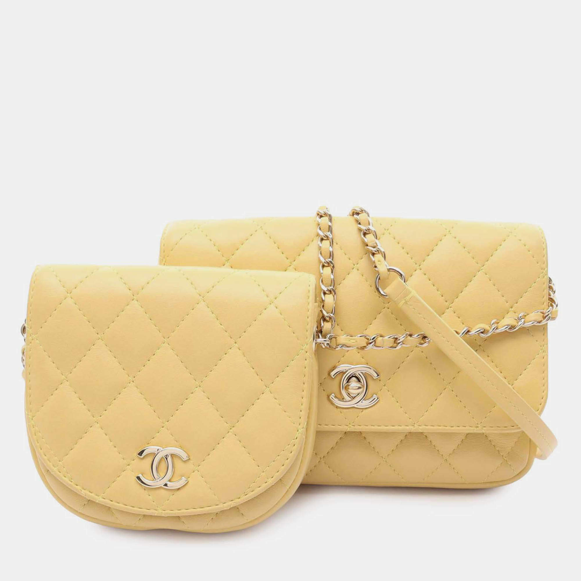 Pre Owned Chanel Yellow Quilted Lambskin Side Packs Flap