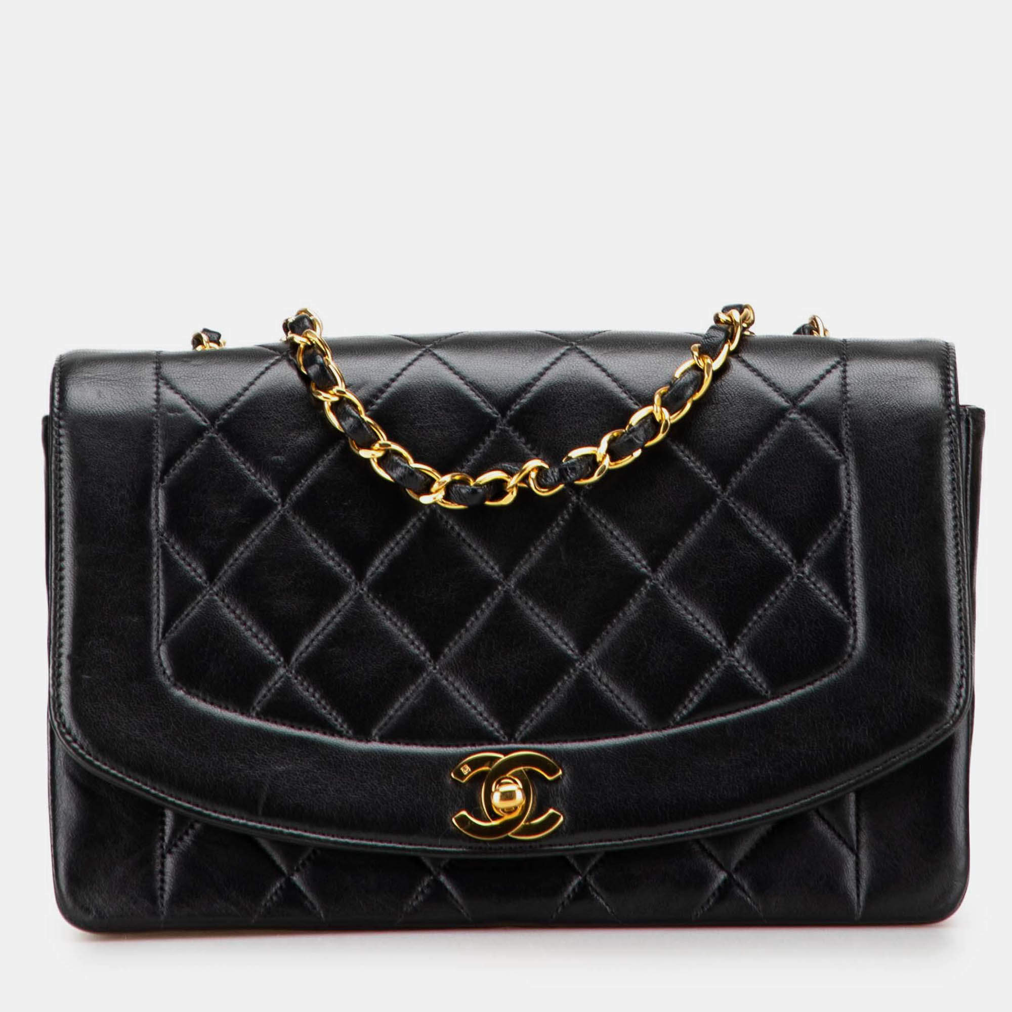 Pre Owned Chanel Black Medium Lambskin Diana Flap