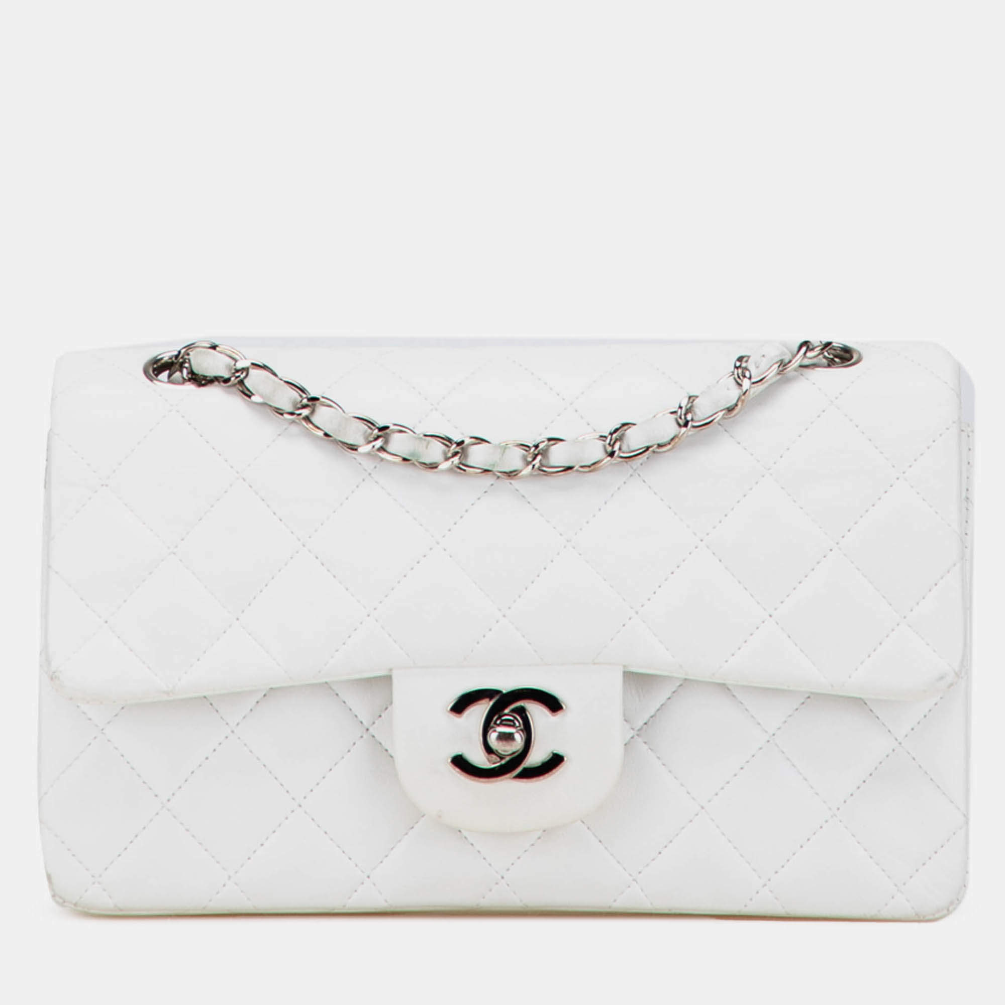 Pre Owned Chanel White Small Classic Lambskin Double Flap