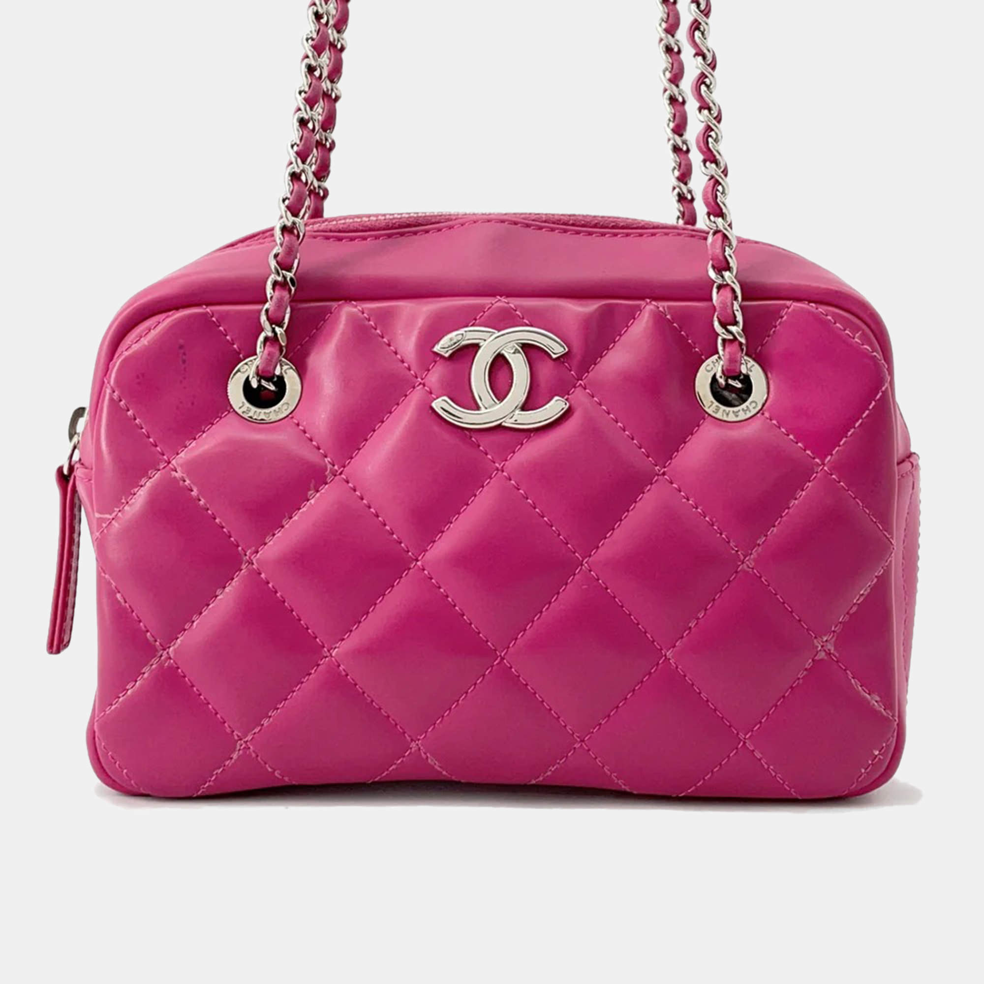 Pre Owned Chanel Cocorain Pink Rubberised Calfskin Chain Shoulder Bag