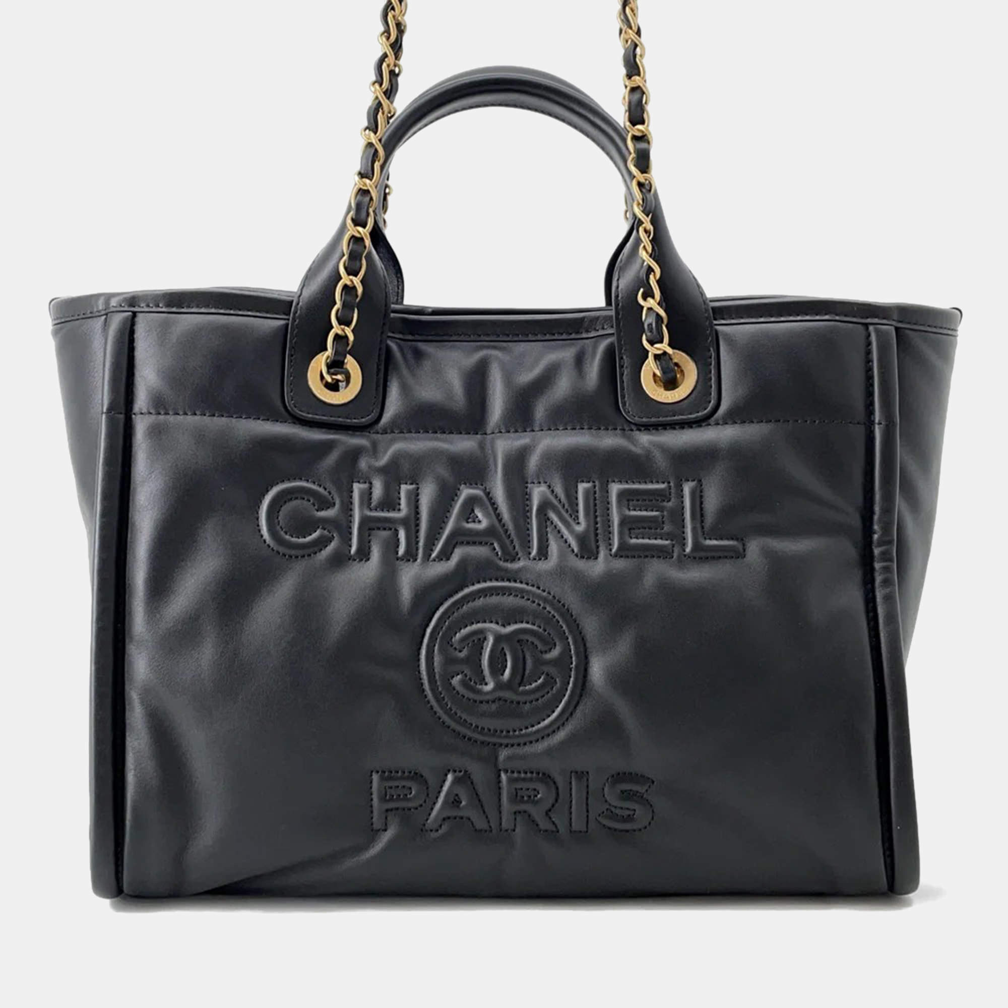 Pre Owned Chanel Deauville Small Black Lambskin Shopping Tote Bag