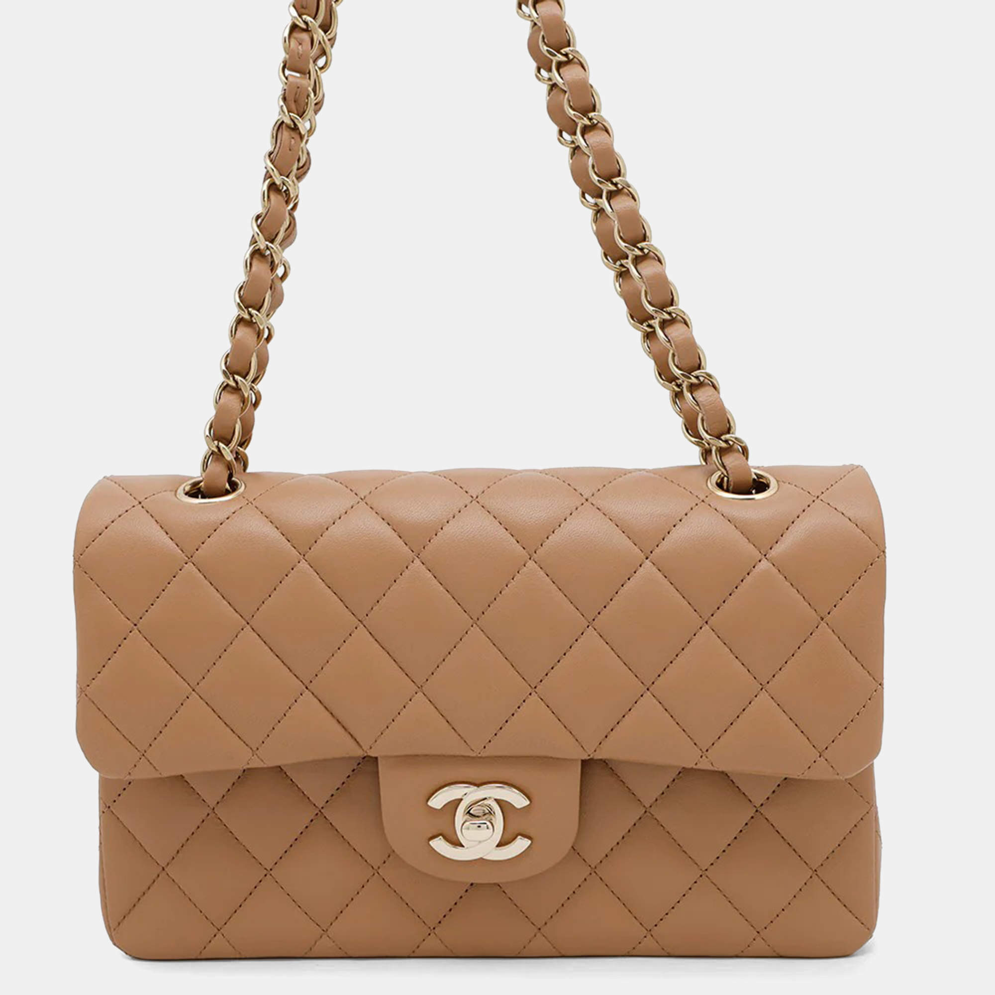 Pre Owned Chanel Classic Double Flap Small Beige Lambskin Chain Shoulder Bag