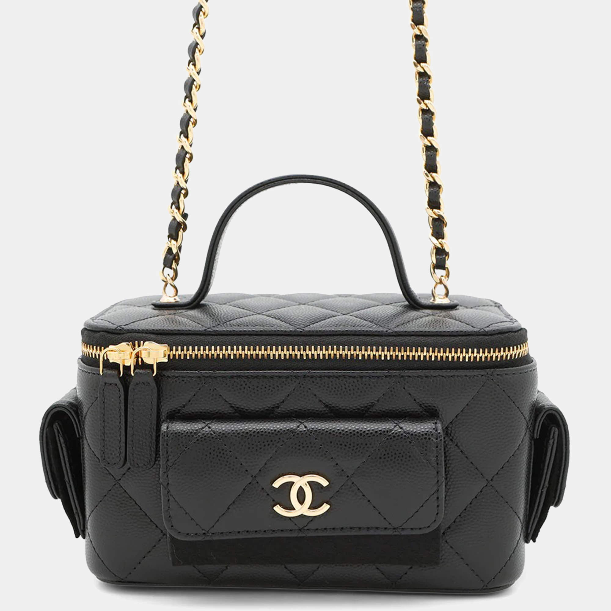 Pre Owned Chanel Vanity Black Caviar Leather Chain Vanity Bag