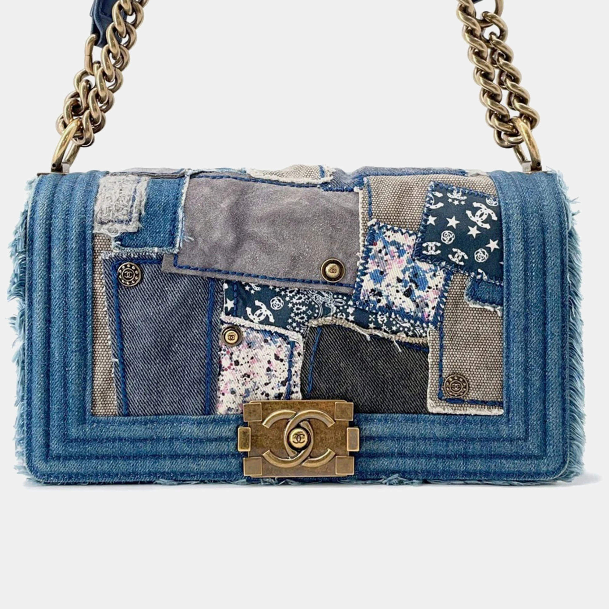Pre Owned Chanel Boy Patchwork Blue Denim Chain Shoulder Bag