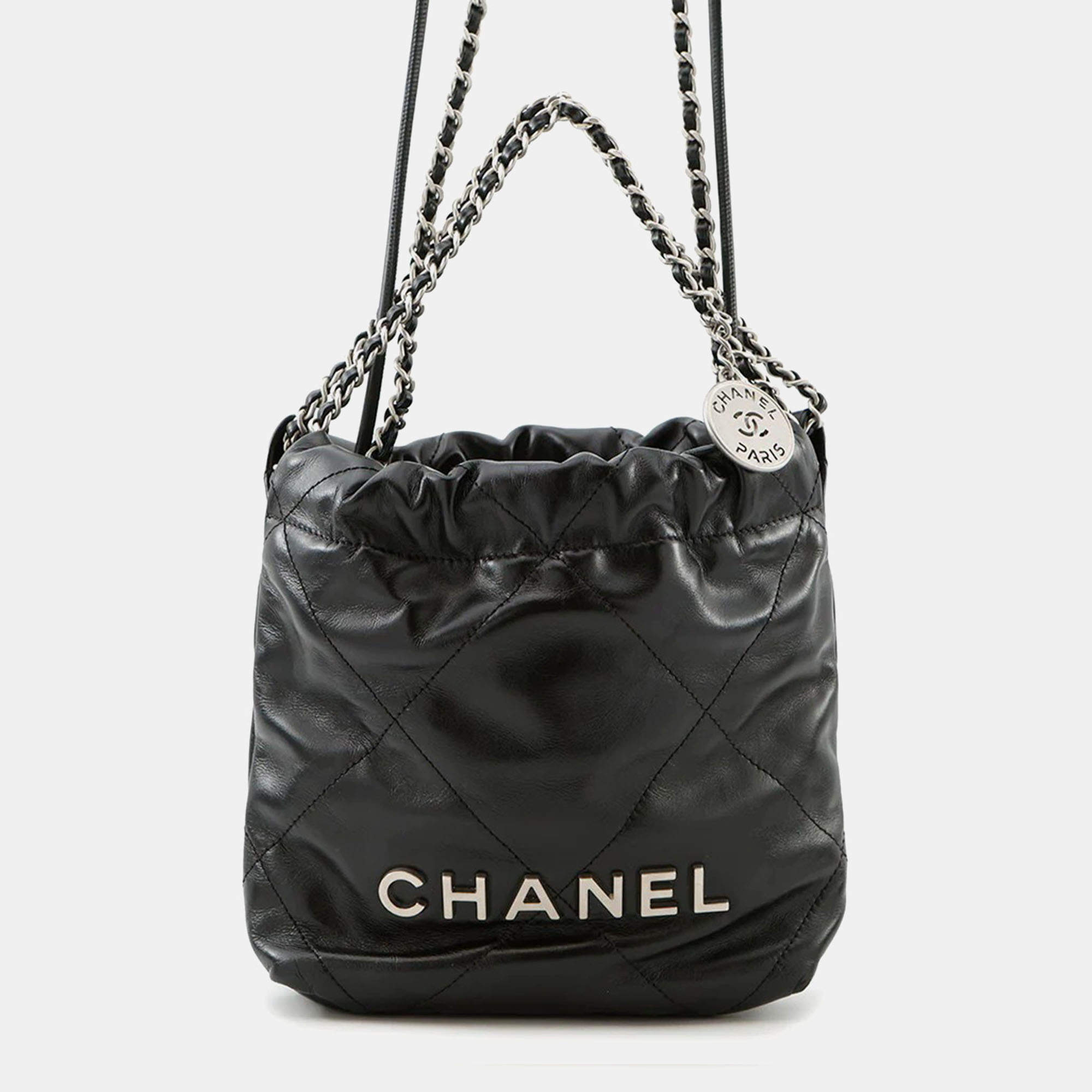 Pre Owned Chanel 22 Mini Black Shiny Calfskin Chain Shoulder Bag